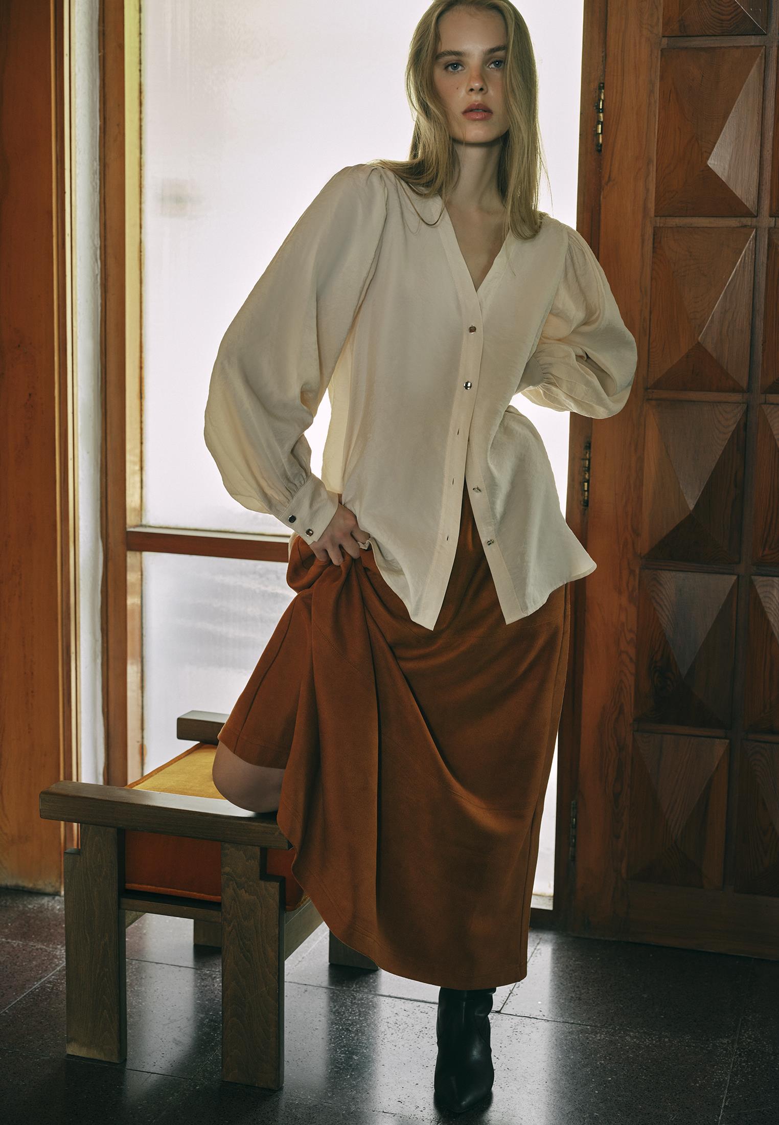 Long A-Line High Waist Slit Leather Skirt - CARAMEL CAFE