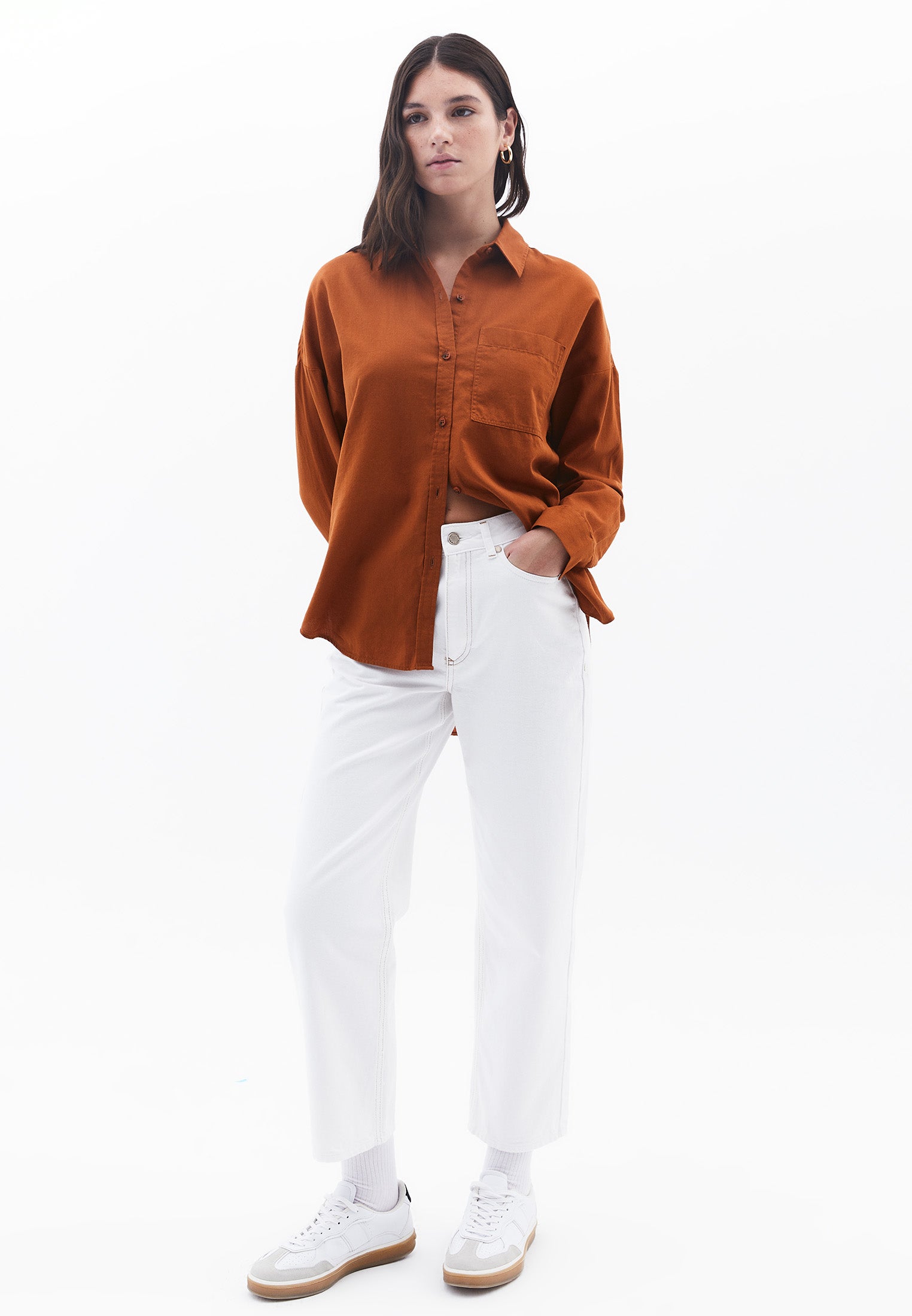 Long Sleeve Shirt Collar Shirt With Button Details - CARAMEL CAFE