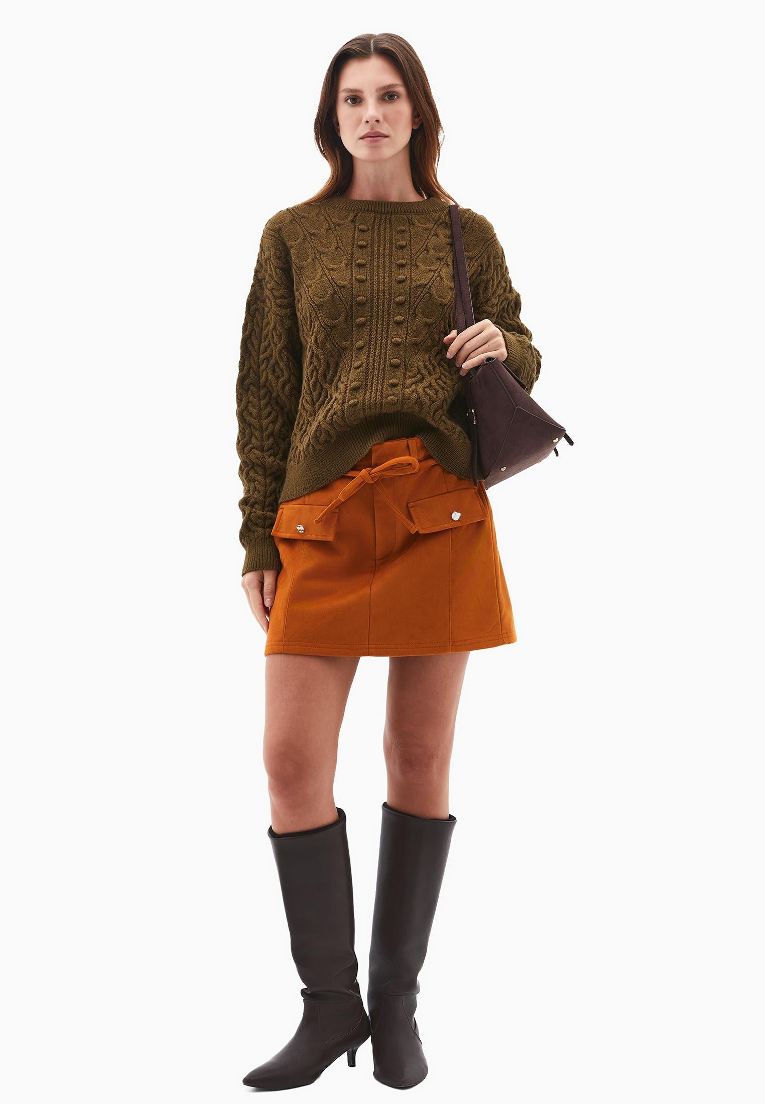 Short High Waist Belted Leather Skirt - CARAMEL CAFE