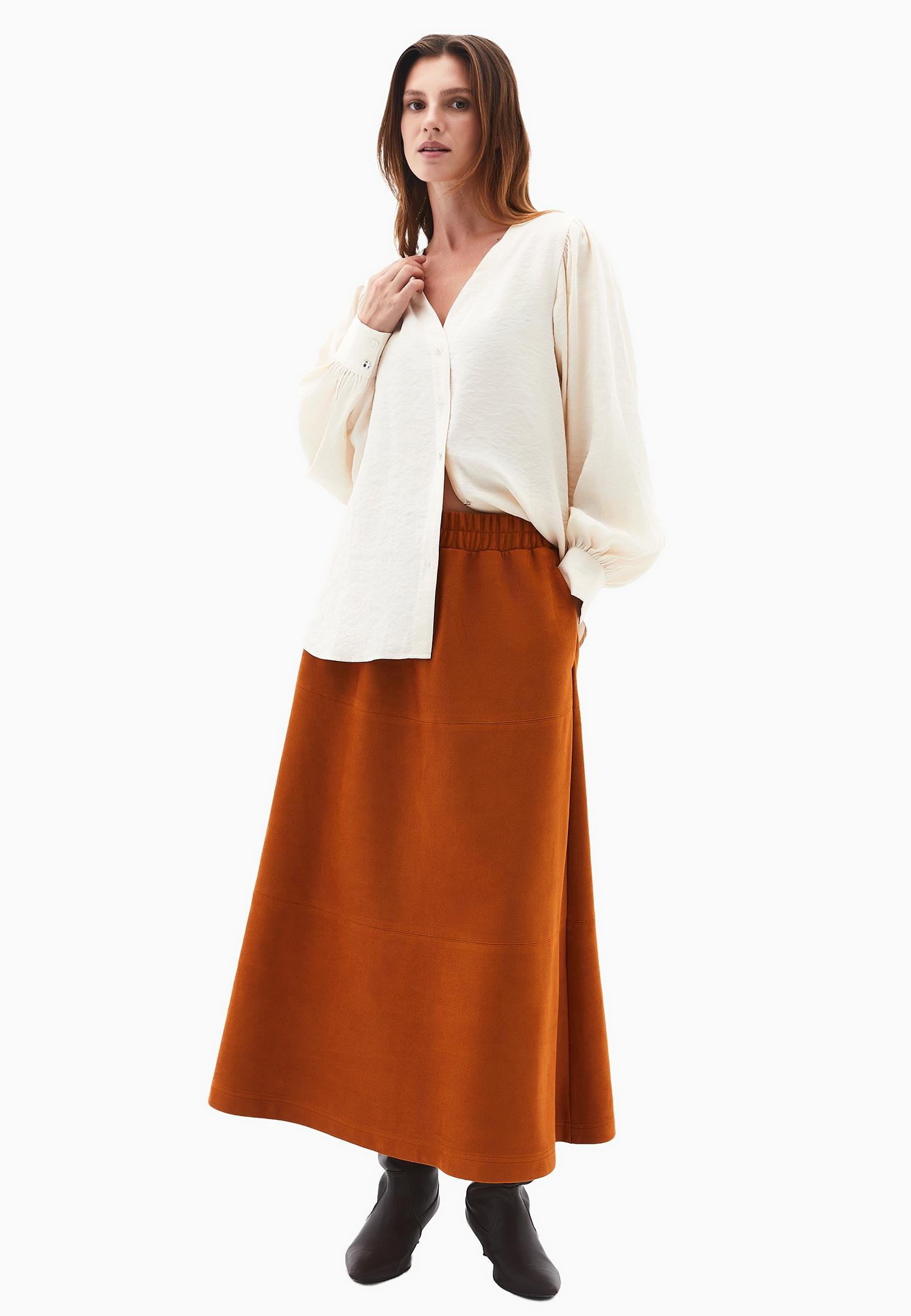 Long A-Line High Waist Slit Leather Skirt - CARAMEL CAFE