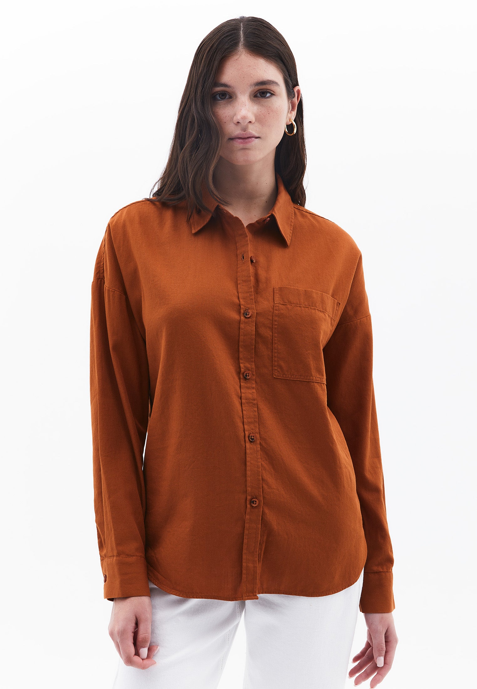 Long Sleeve Shirt Collar Shirt With Button Details - CARAMEL CAFE