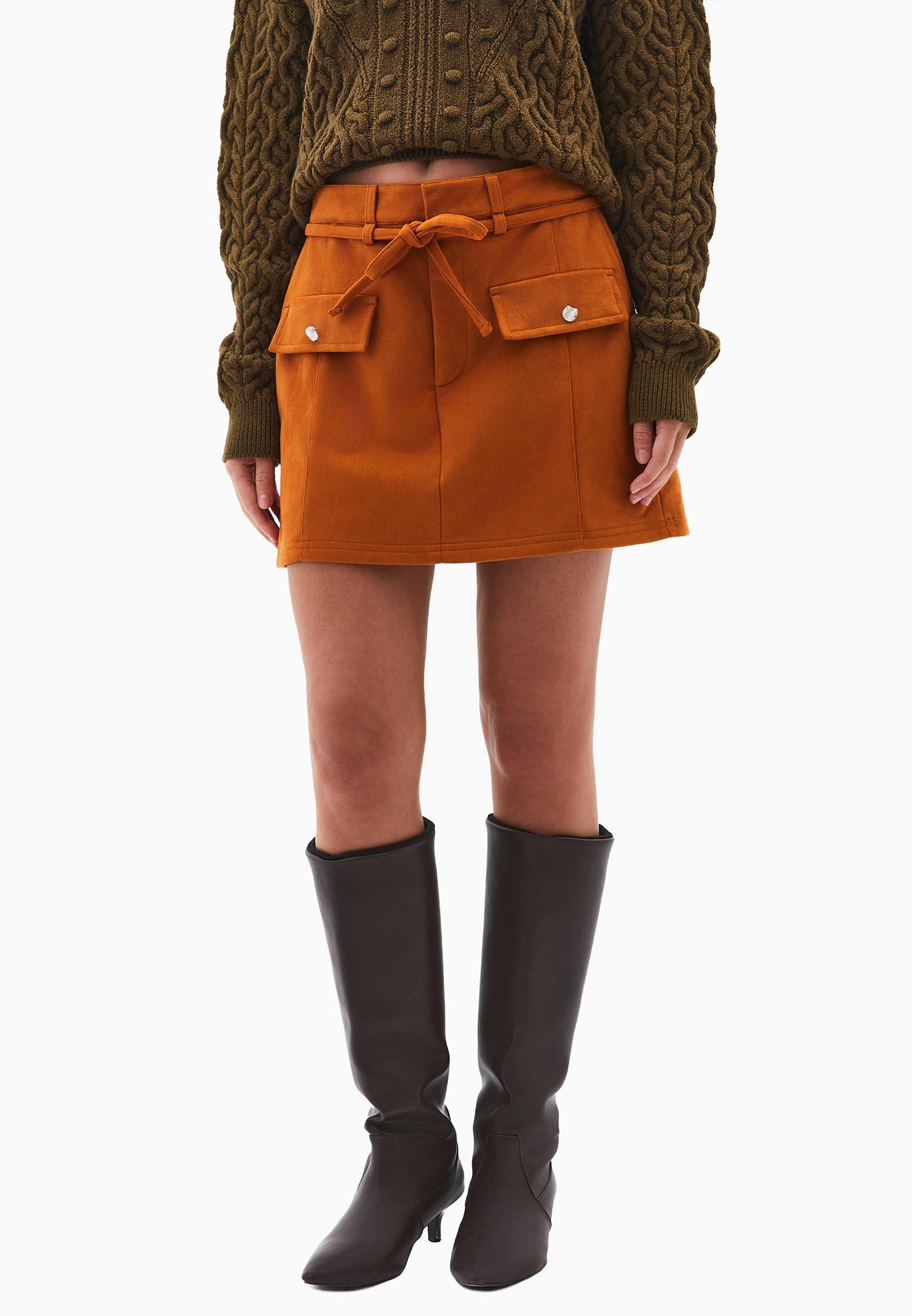 Short High Waist Belted Leather Skirt - CARAMEL CAFE