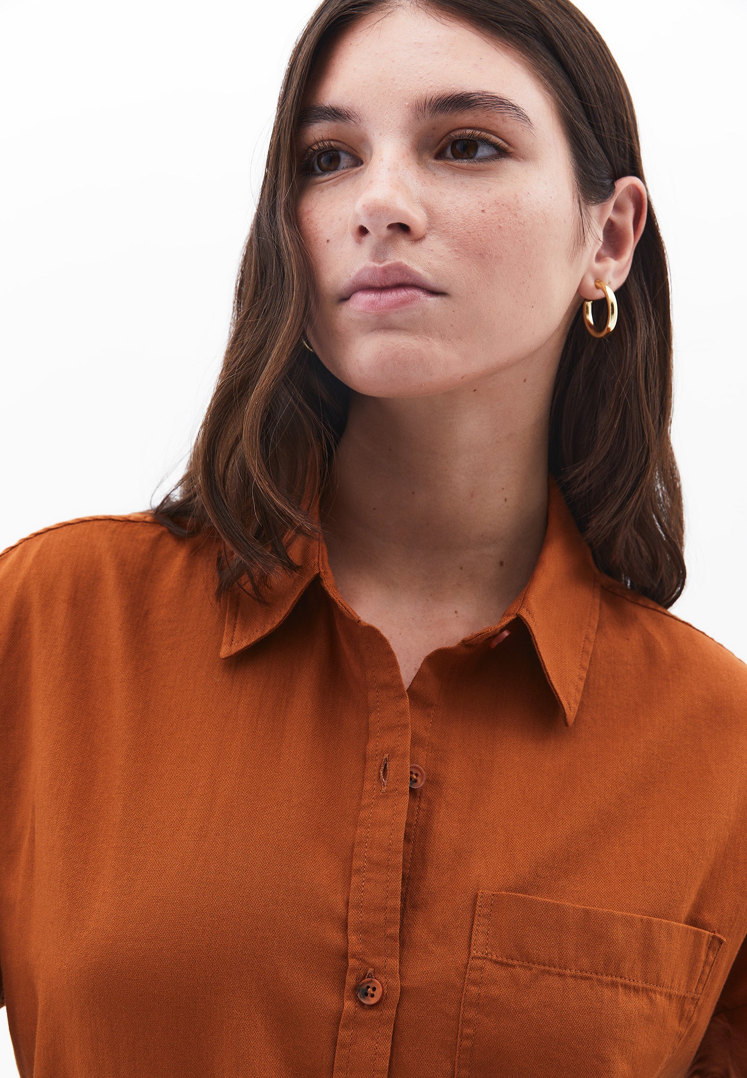 Long Sleeve Shirt Collar Shirt With Button Details - CARAMEL CAFE
