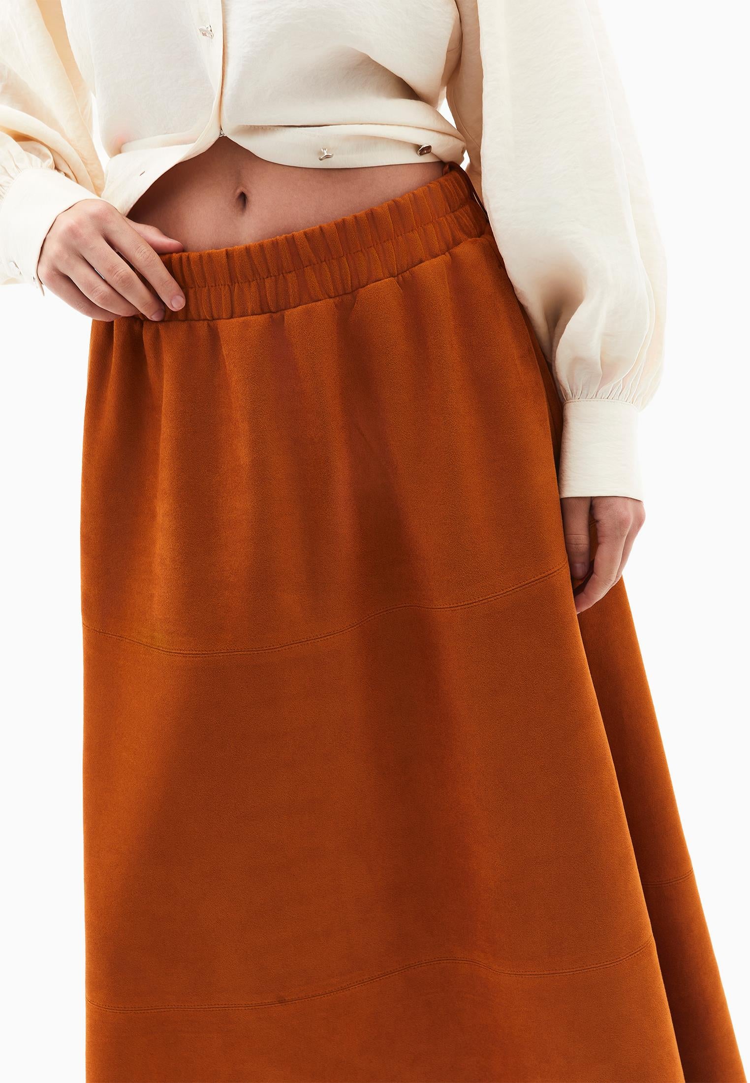 Long A-Line High Waist Slit Leather Skirt - CARAMEL CAFE