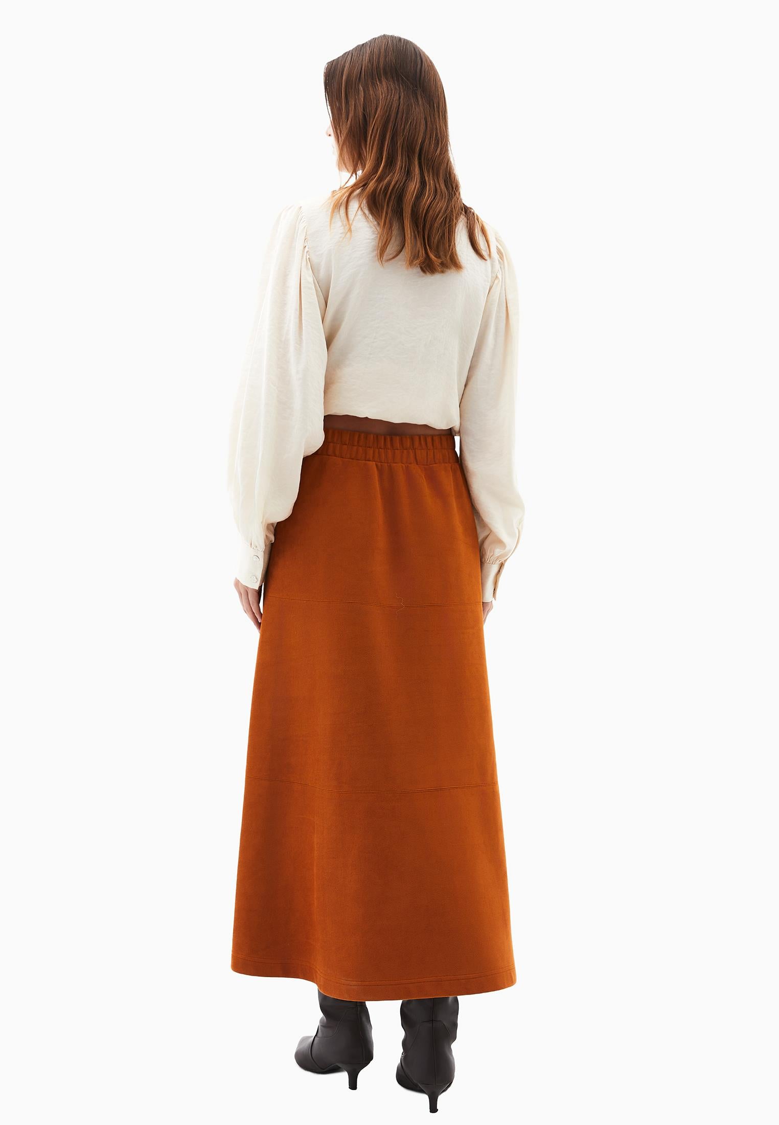 Long A-Line High Waist Slit Leather Skirt - CARAMEL CAFE