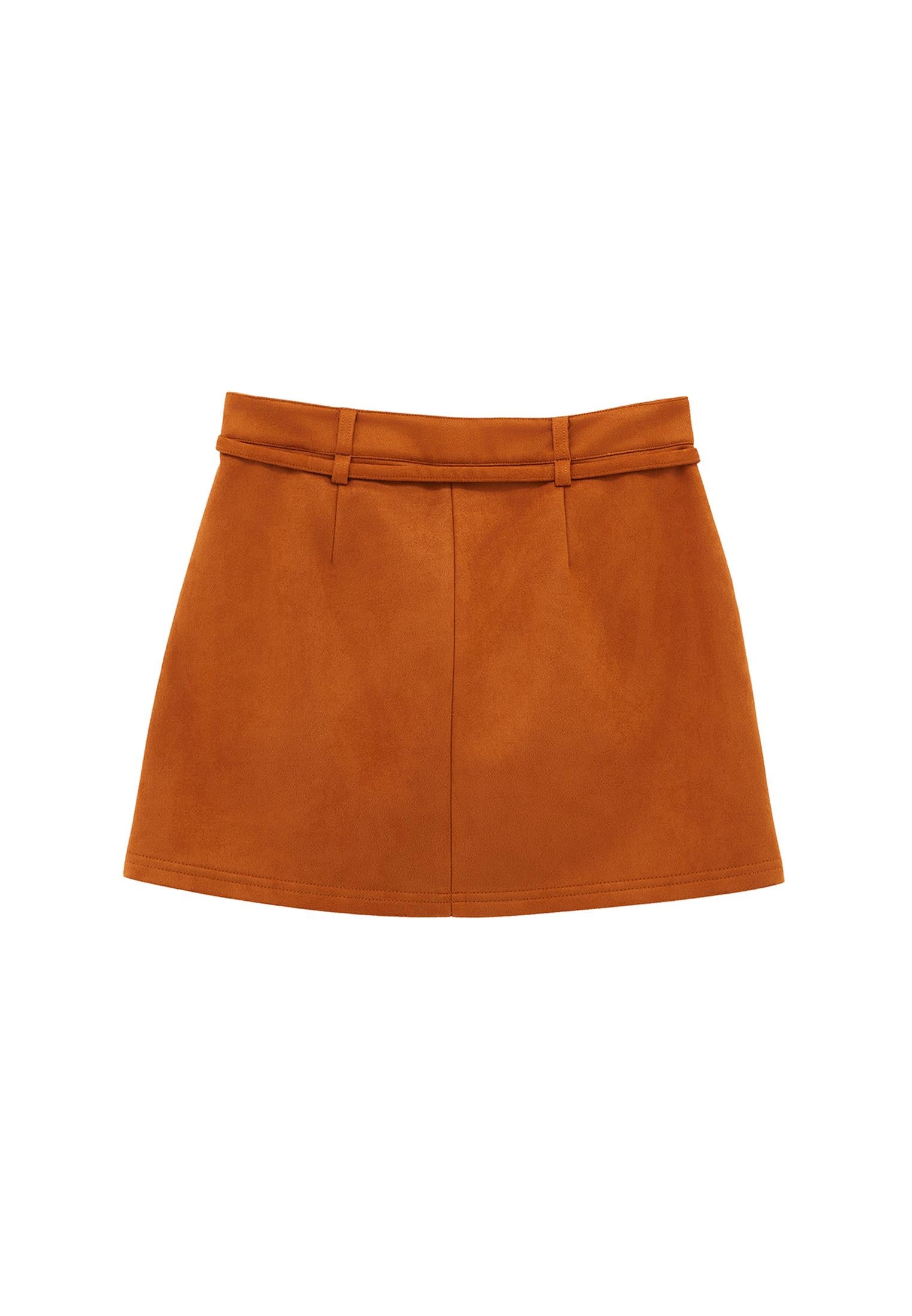 Short High Waist Belted Leather Skirt - CARAMEL CAFE