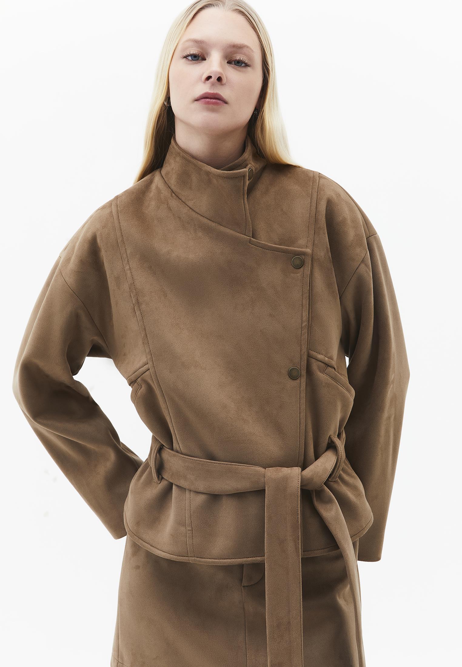 Midi Length Shawl Collar Long Sleeve Jacket - CARIBOU