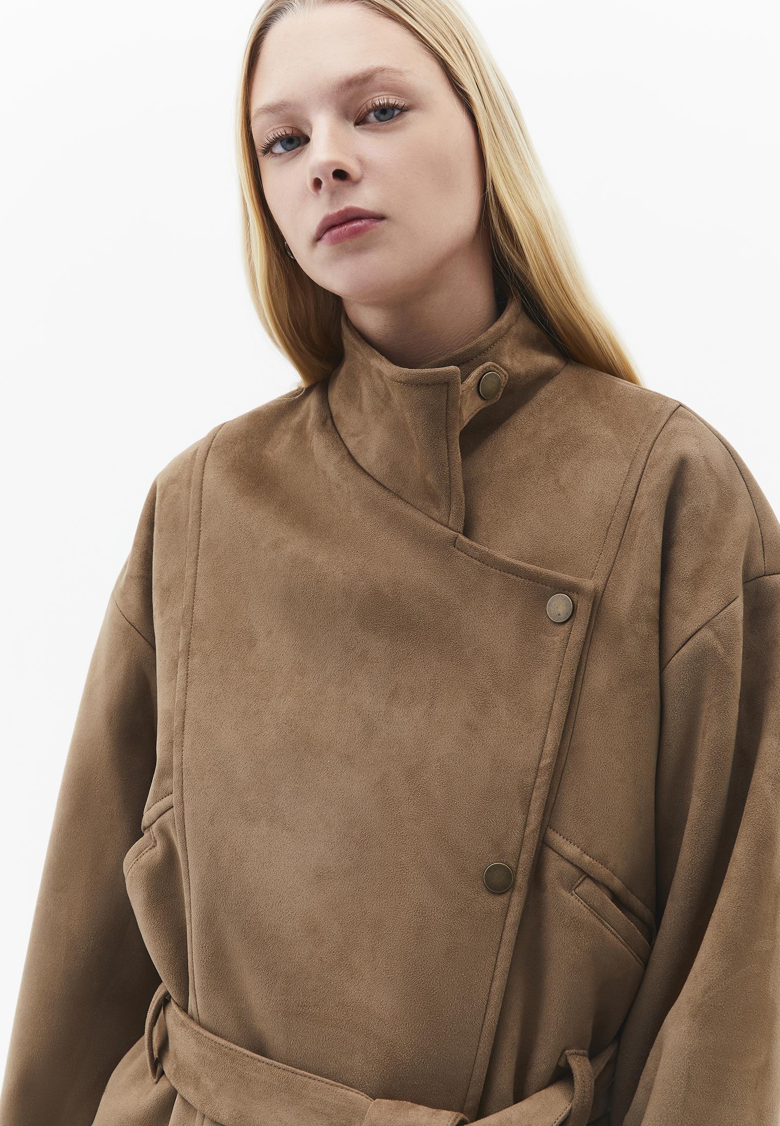 Midi Length Shawl Collar Long Sleeve Jacket - CARIBOU