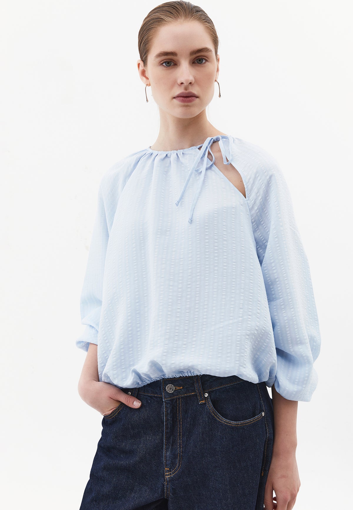 Balloon Shape High Neck Long Sleeve Blouse - CASHMERE BLUE