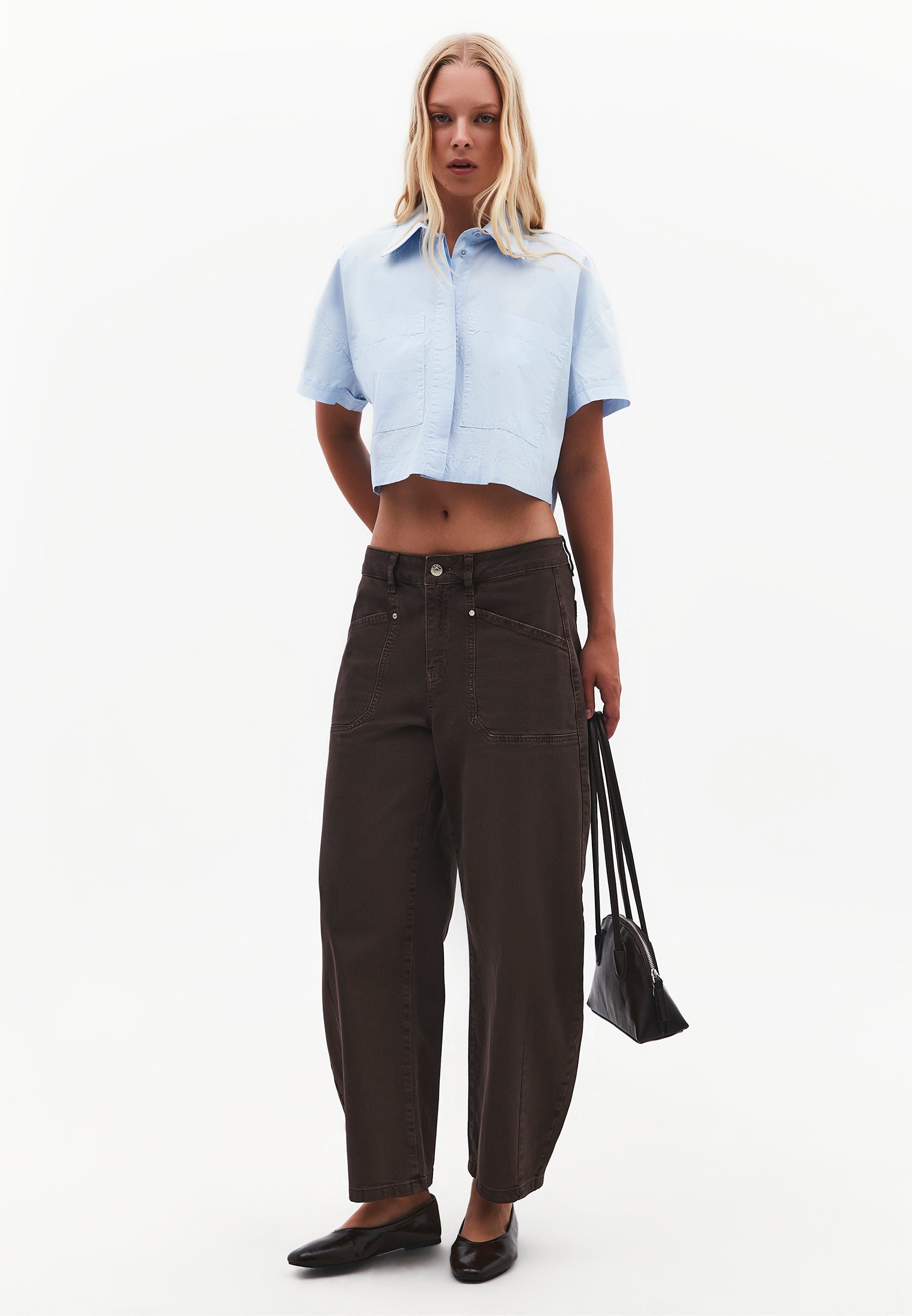 Shirt Collar Loose Short Sleeve Pocket Detailed Cropped Shirt - CASHMERE BLUE