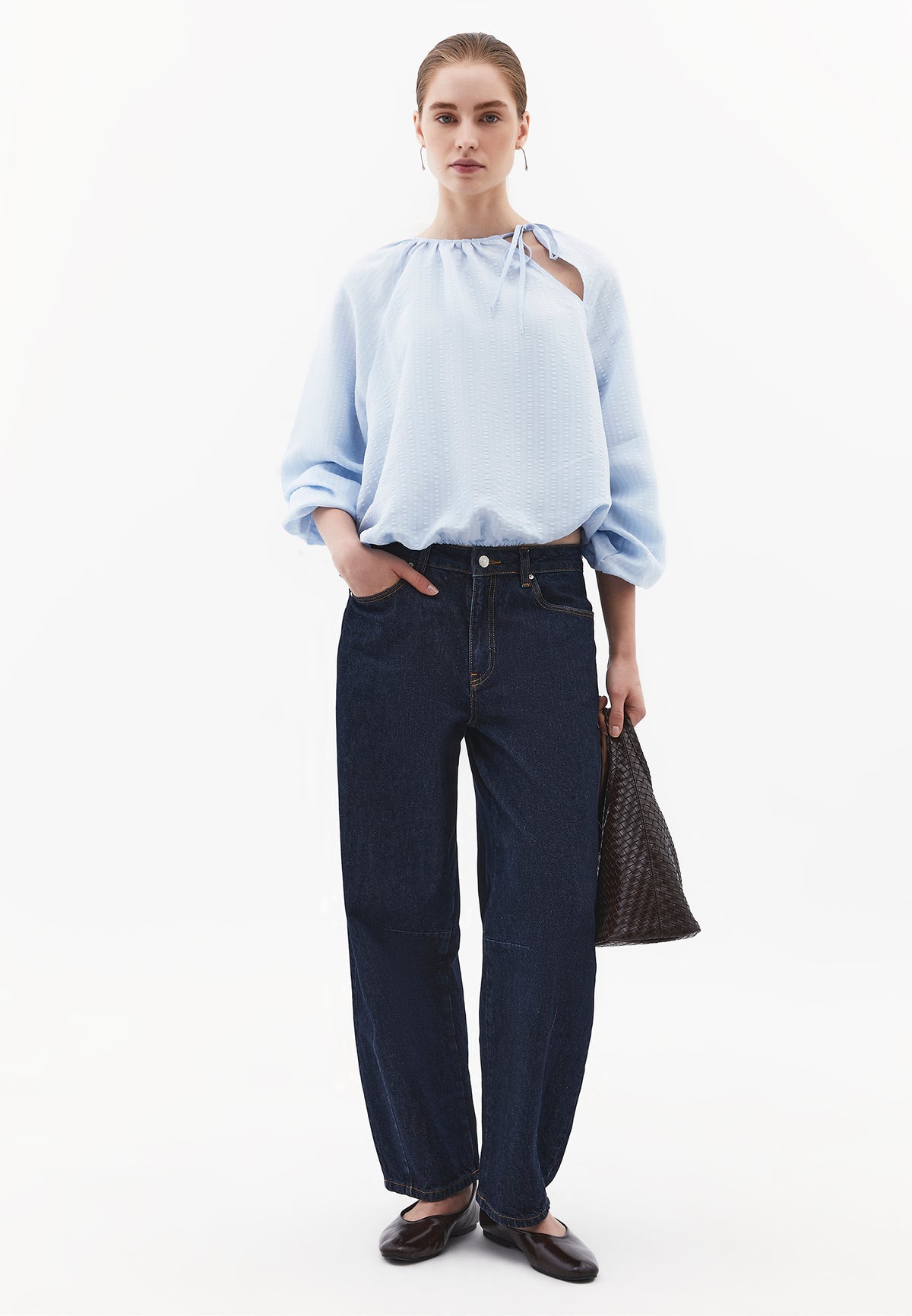 Balloon Shape High Neck Long Sleeve Blouse - CASHMERE BLUE