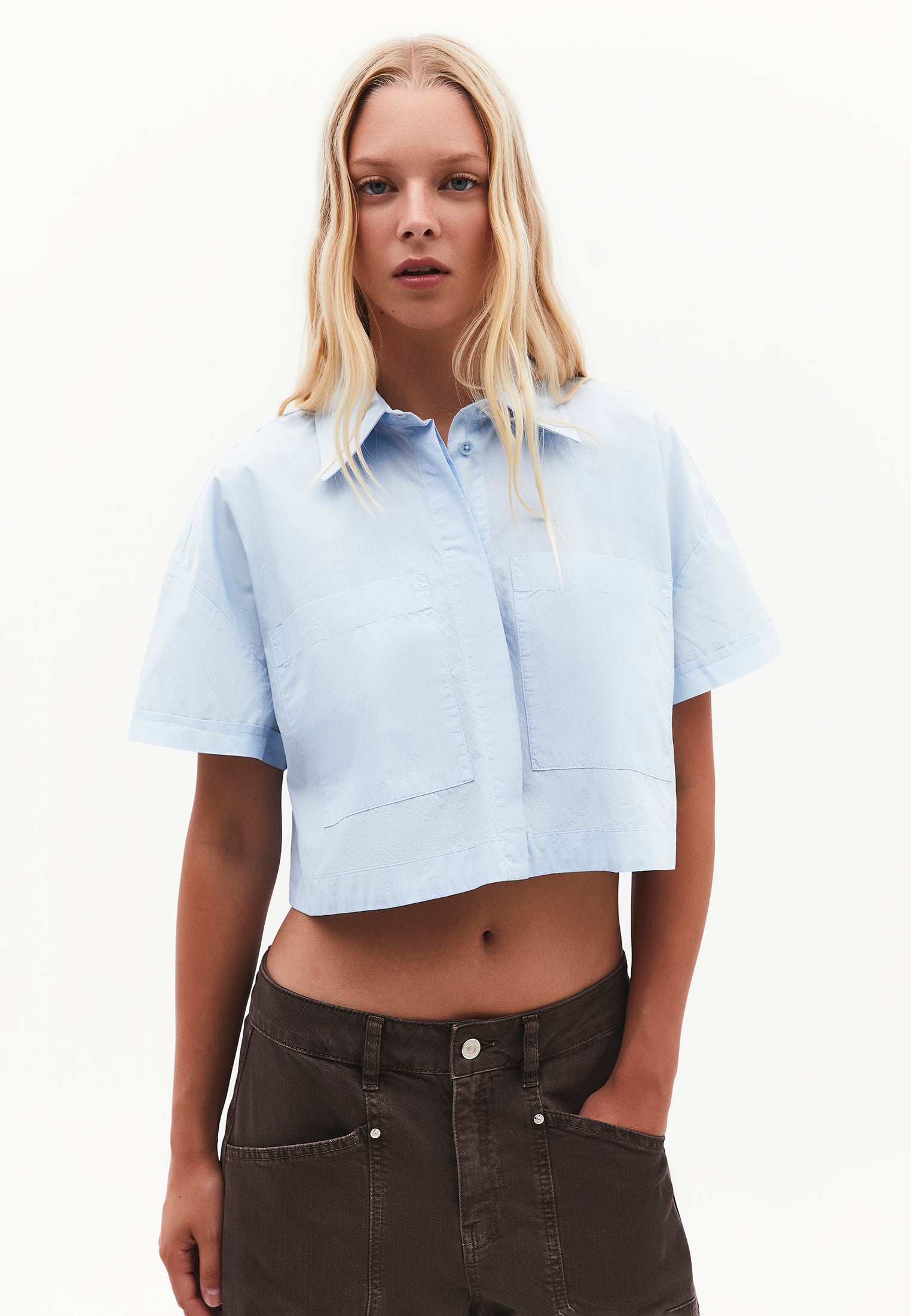 Shirt Collar Loose Short Sleeve Pocket Detailed Cropped Shirt - CASHMERE BLUE