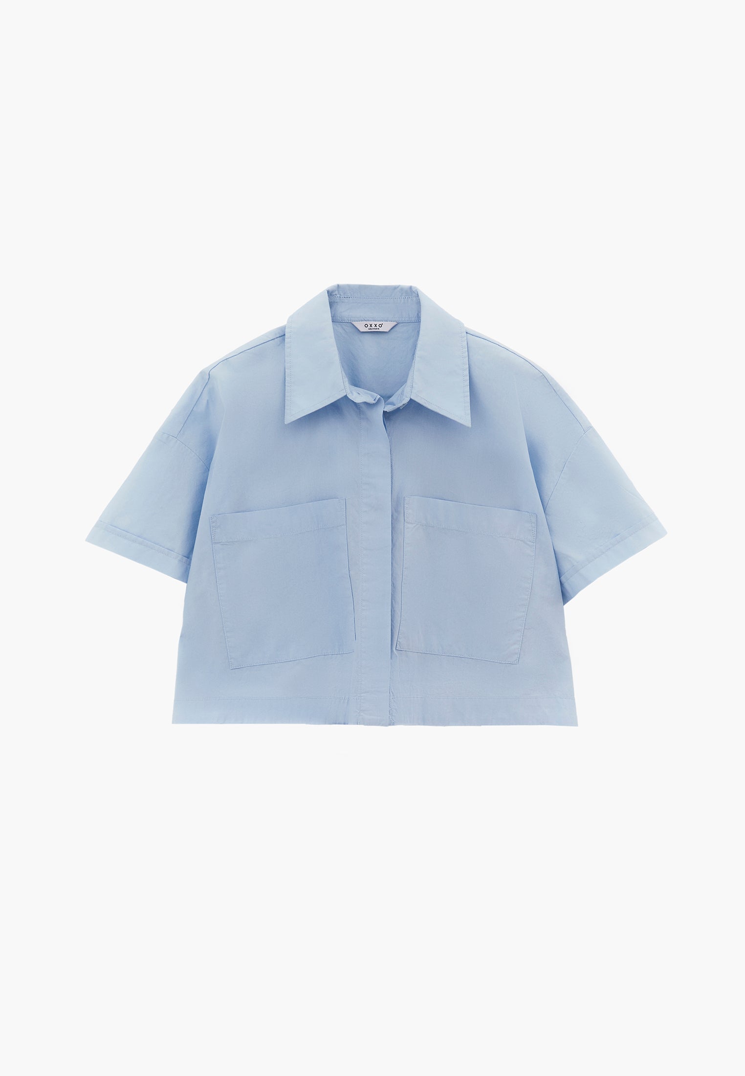 Shirt Collar Loose Short Sleeve Pocket Detailed Cropped Shirt - CASHMERE BLUE
