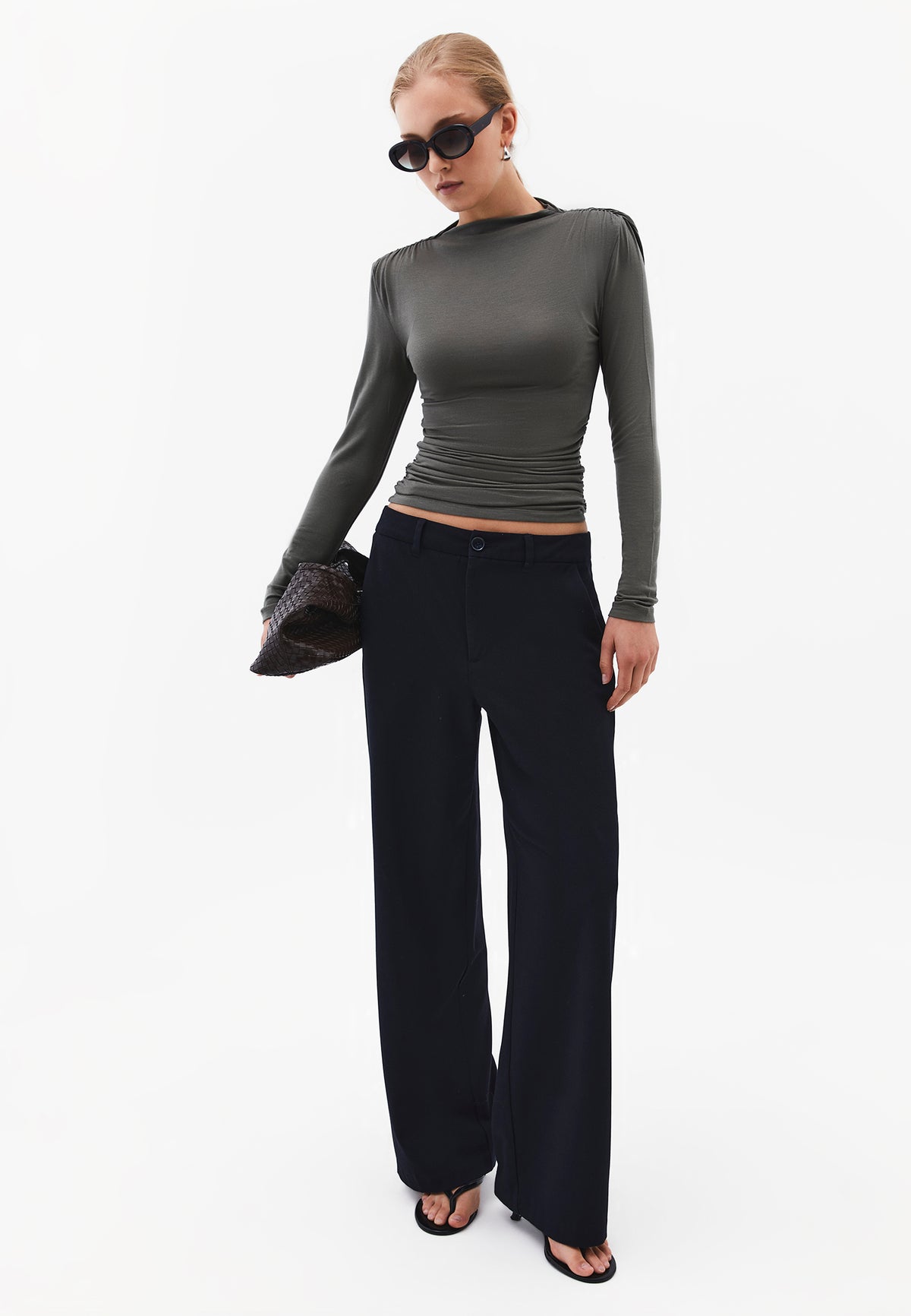 Sleeveless High Neck Ruched T-Shirt - CASTOR GRAY