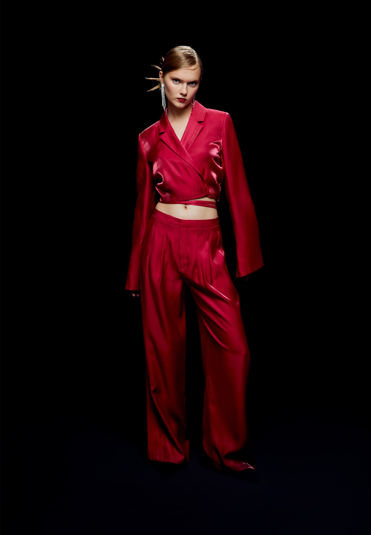 Double Breasted Collar Crop Satin Jacket - CERISE