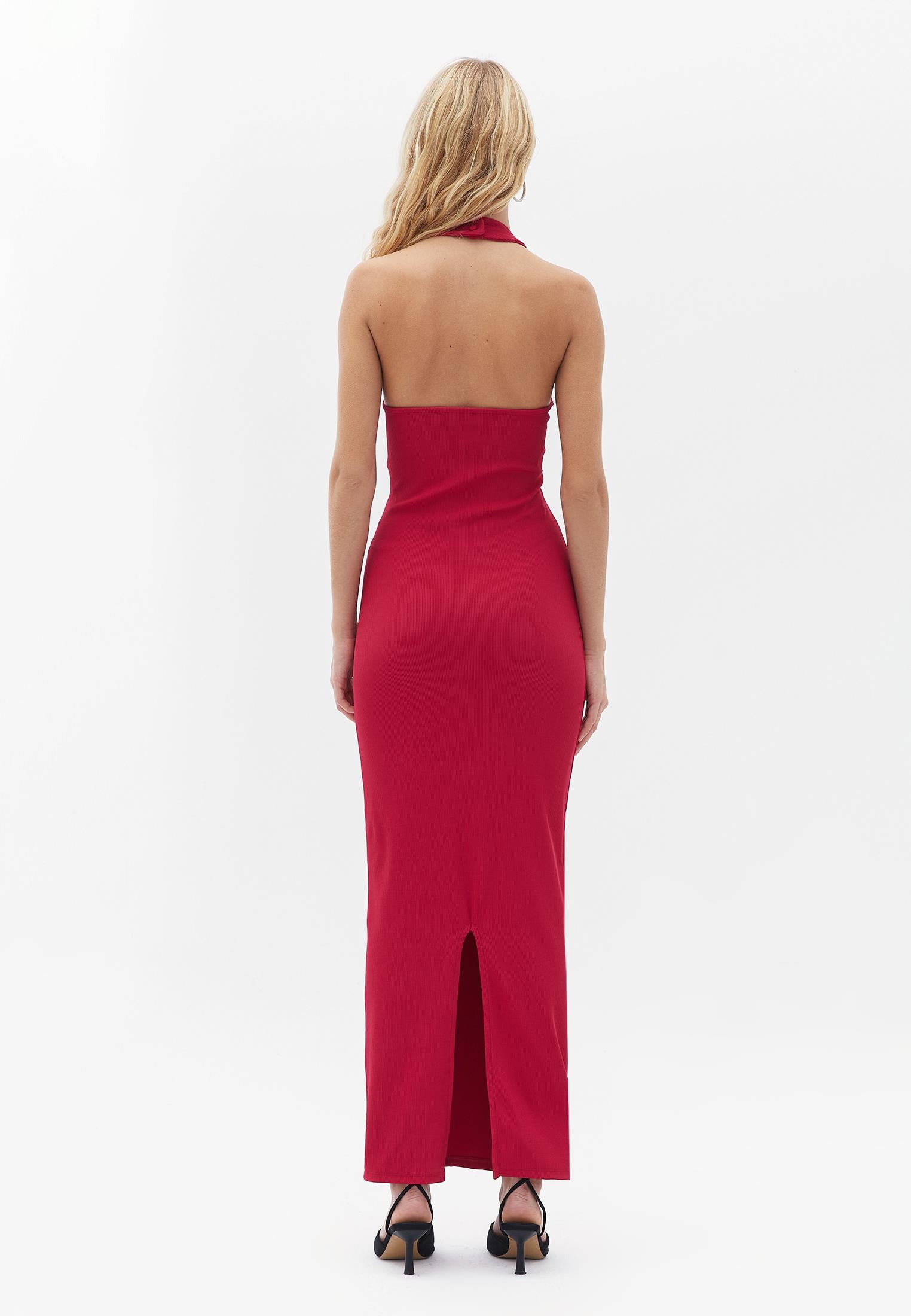 Halter Neck Long Dress - CERISE