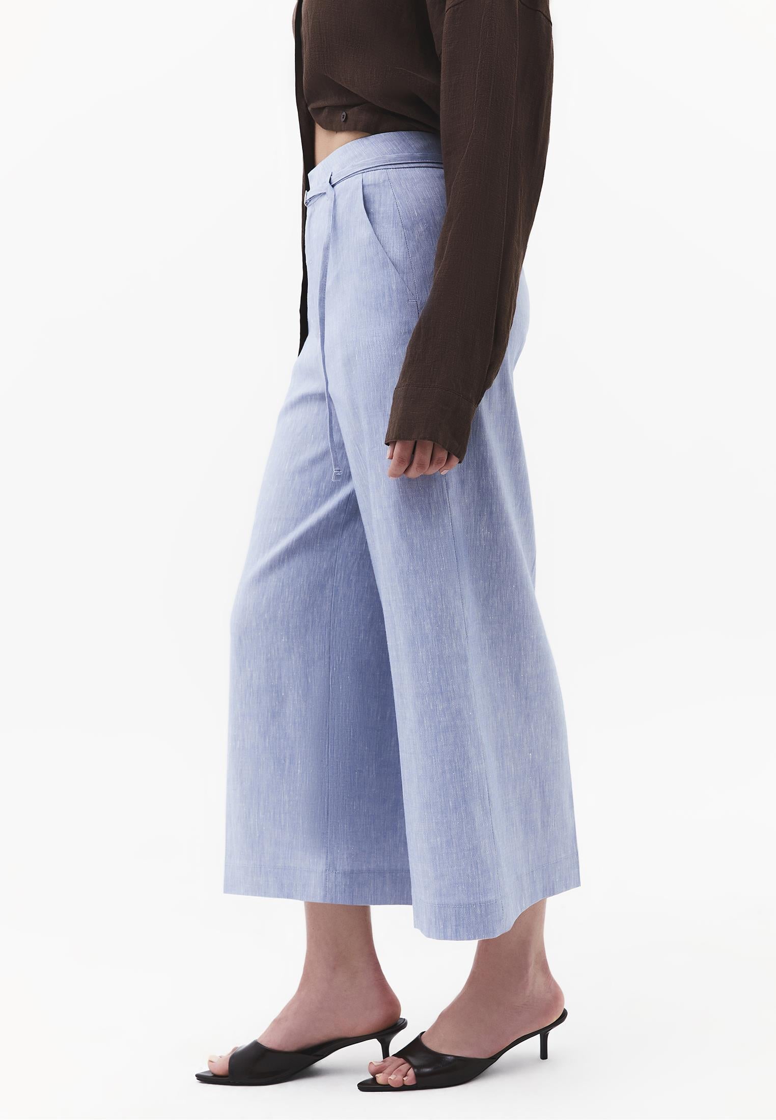 High Waist Wide Leg Belted Pants - CHAMBRAY BLUE