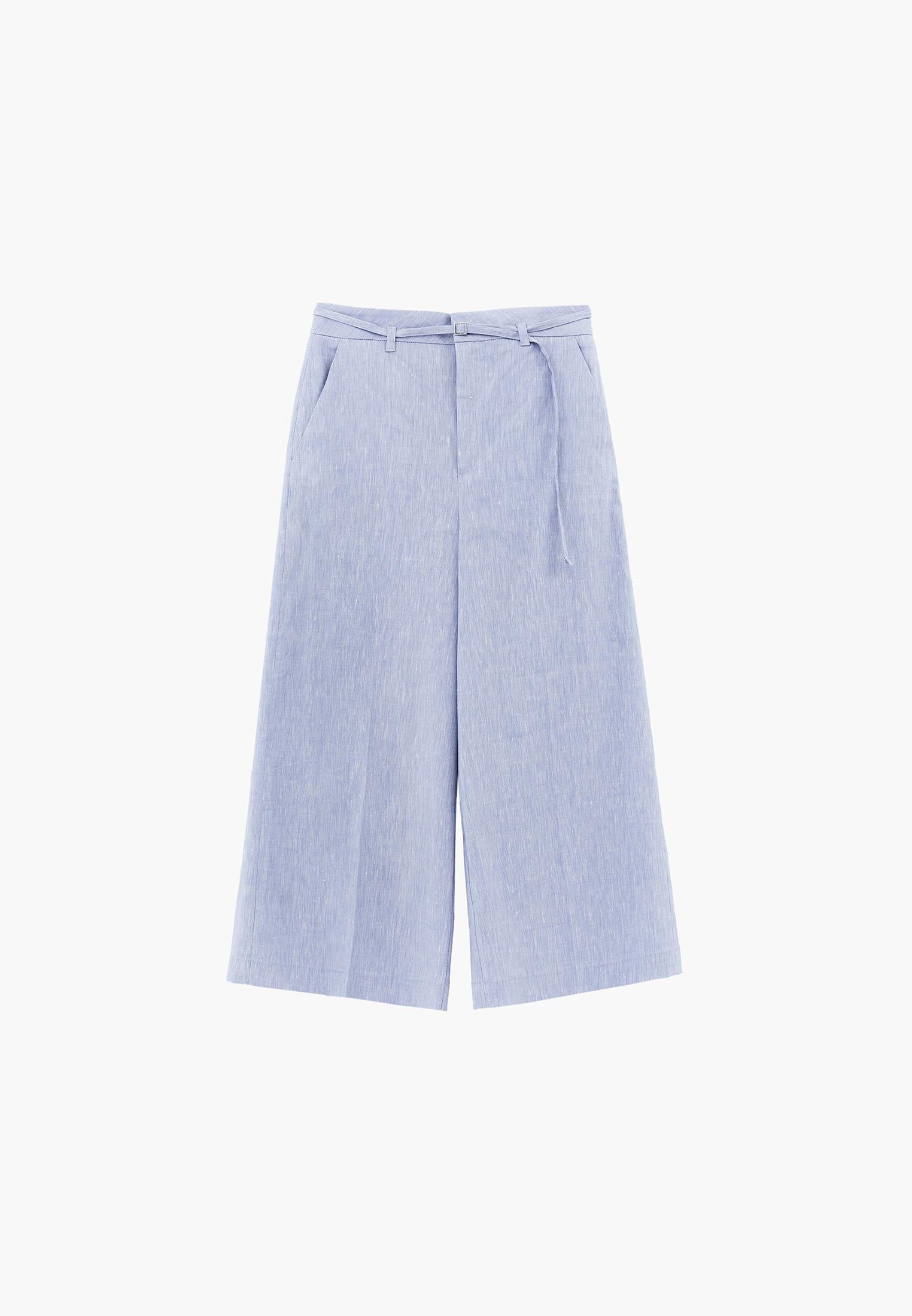 High Waist Wide Leg Belted Pants - CHAMBRAY BLUE