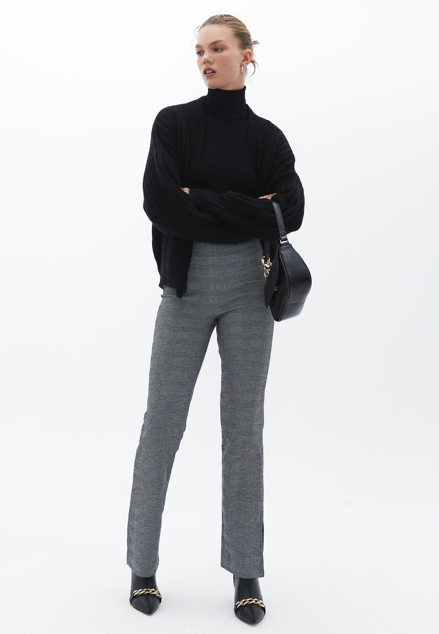 High Waist Straight Leg Pants - CHECK COMB