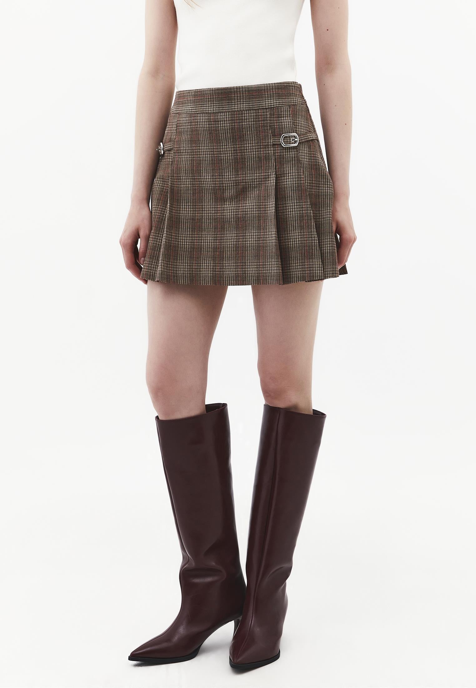 Flared Short High Waist Skirt - CHECK COMB