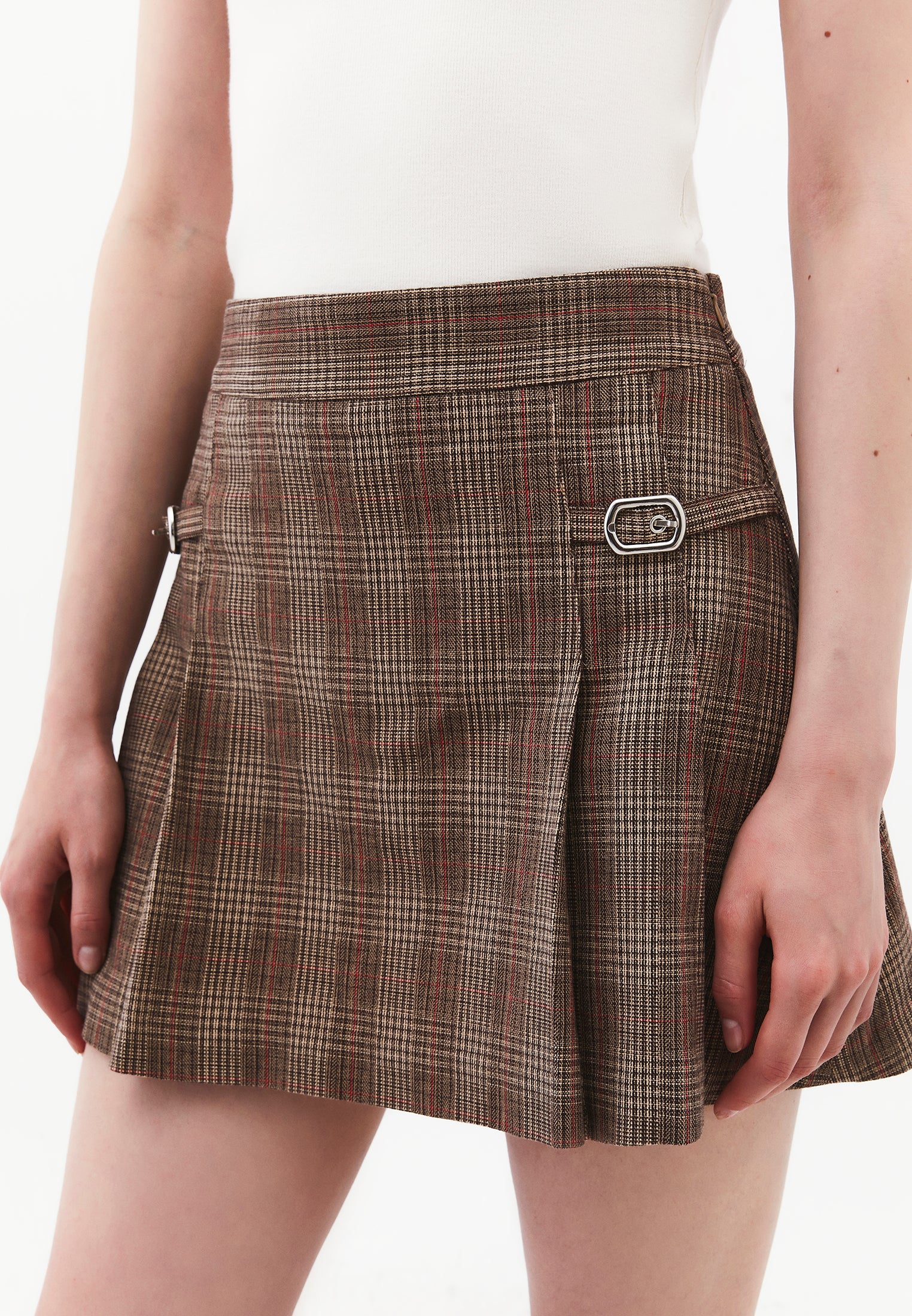 Flared Short High Waist Skirt - CHECK COMB