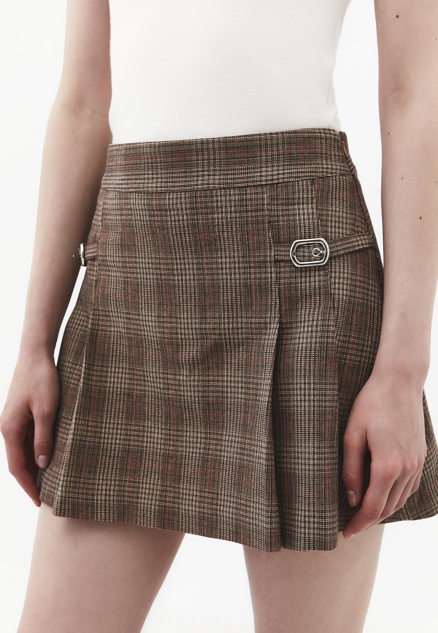 Flared Short High Waist Skirt - CHECK COMB