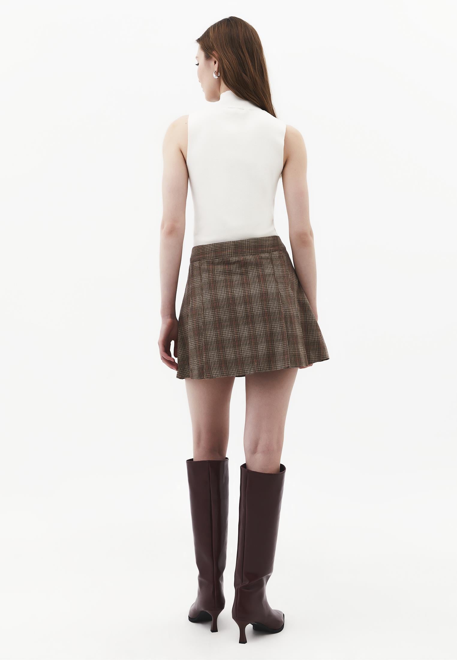 Flared Short High Waist Skirt - CHECK COMB