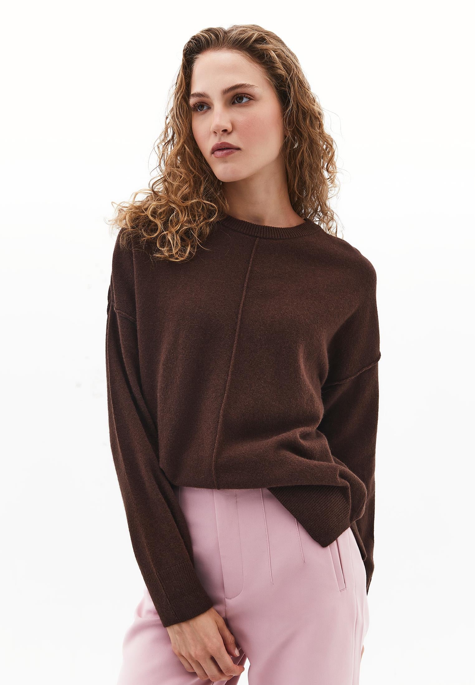 Long Sleeve Crew Neck Women's Knit Sweater - CHICORY COFFEE