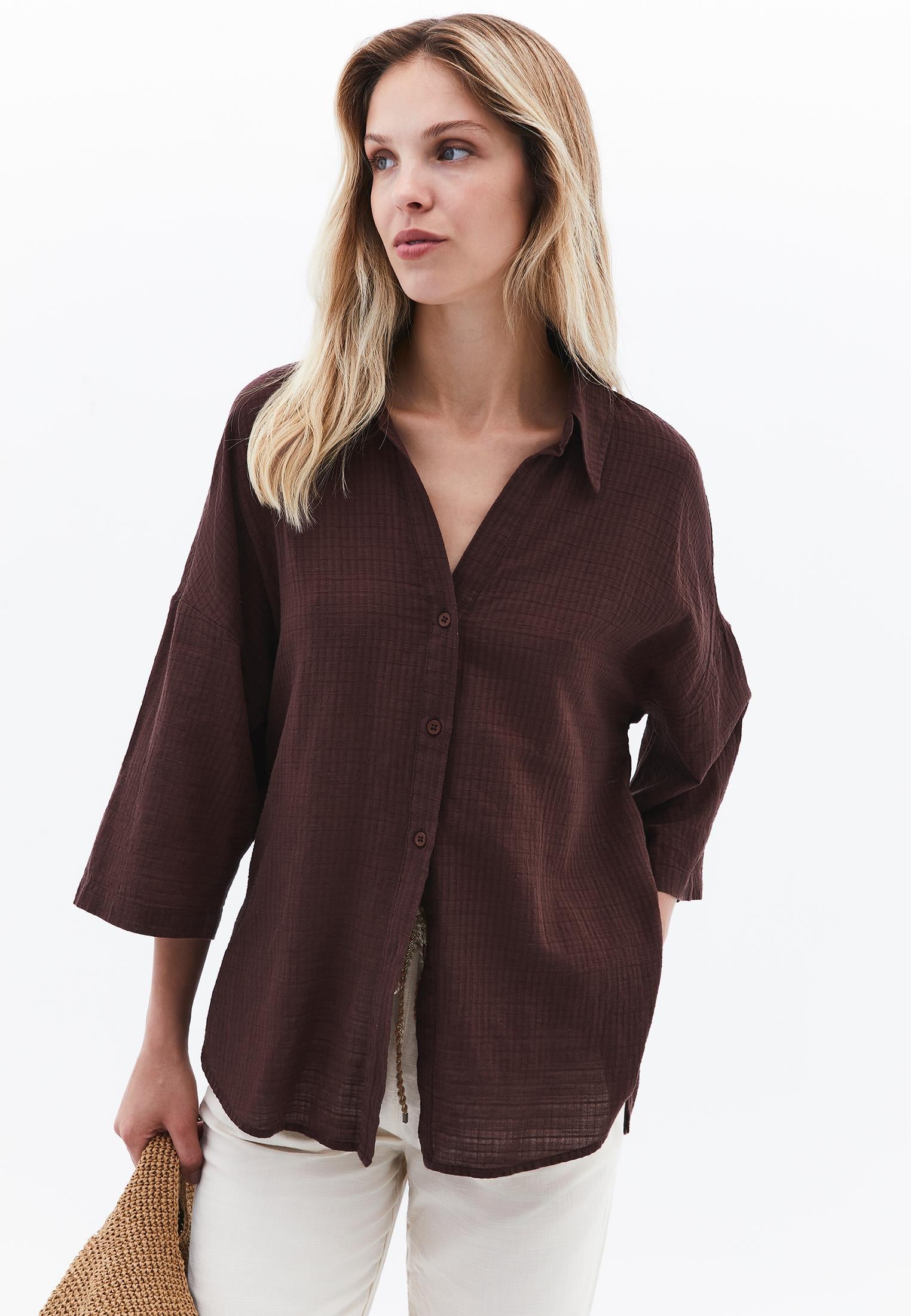 Oversized Shirt With Button Details - CHICORY COFFEE
