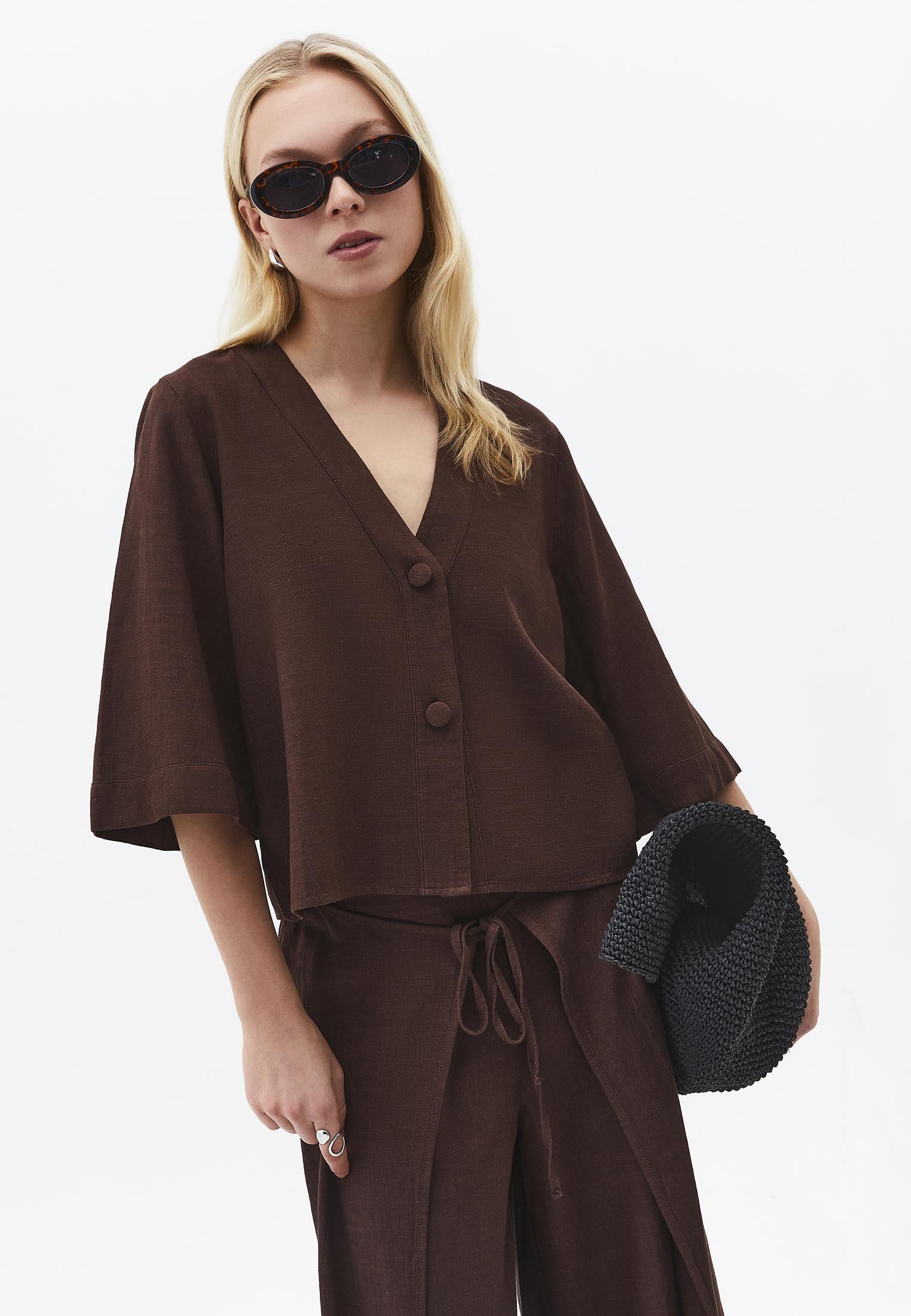 V Neck Button Detailed Blouse - CHICORY COFFEE