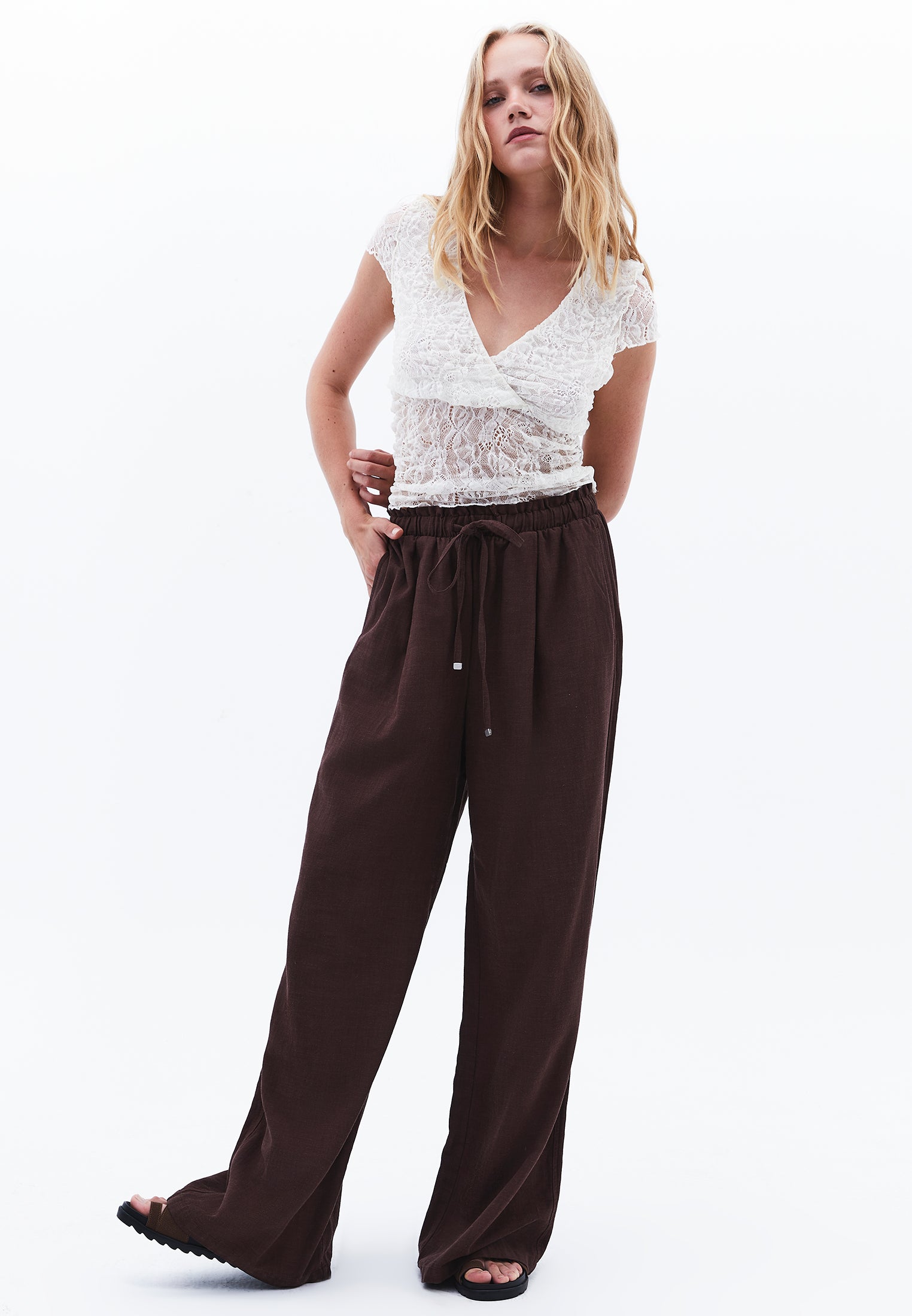 High Waist Wide Leg Linen Pants - CHICORY COFFEE