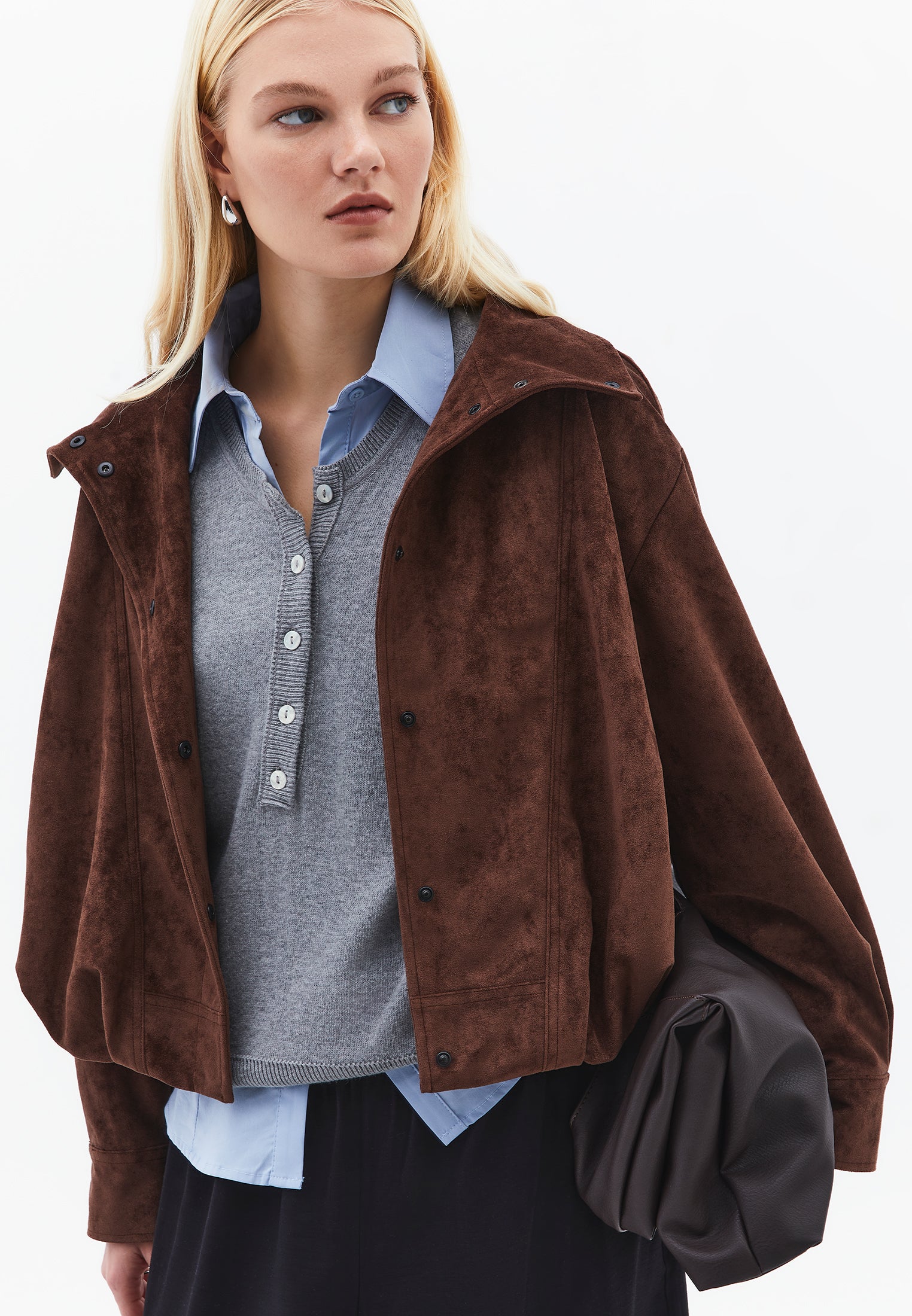 Oversized Jacket With Pleated Details - CHICORY COFFEE