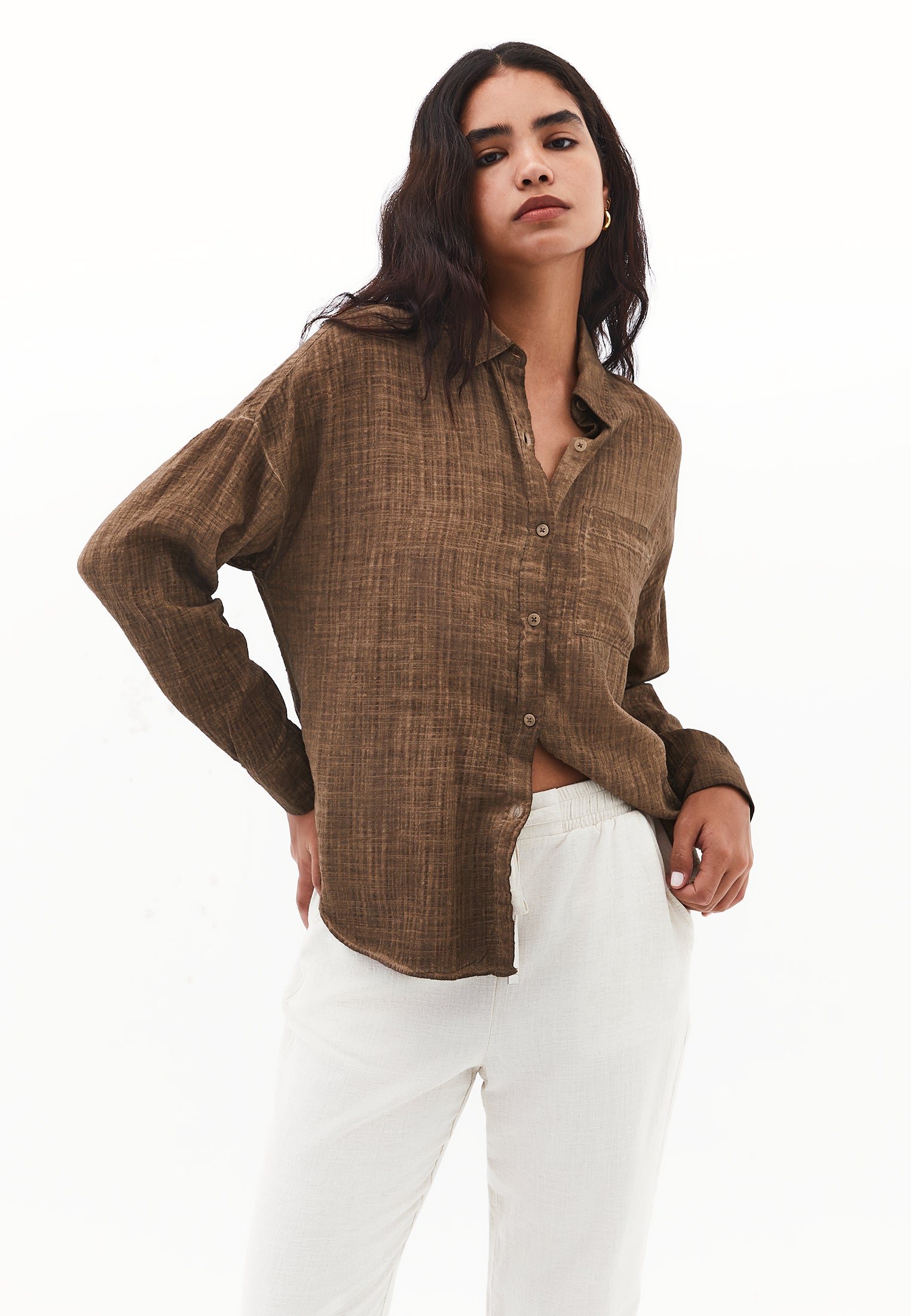 Button Detailed Oversize Shirt - CHICORY COFFEE