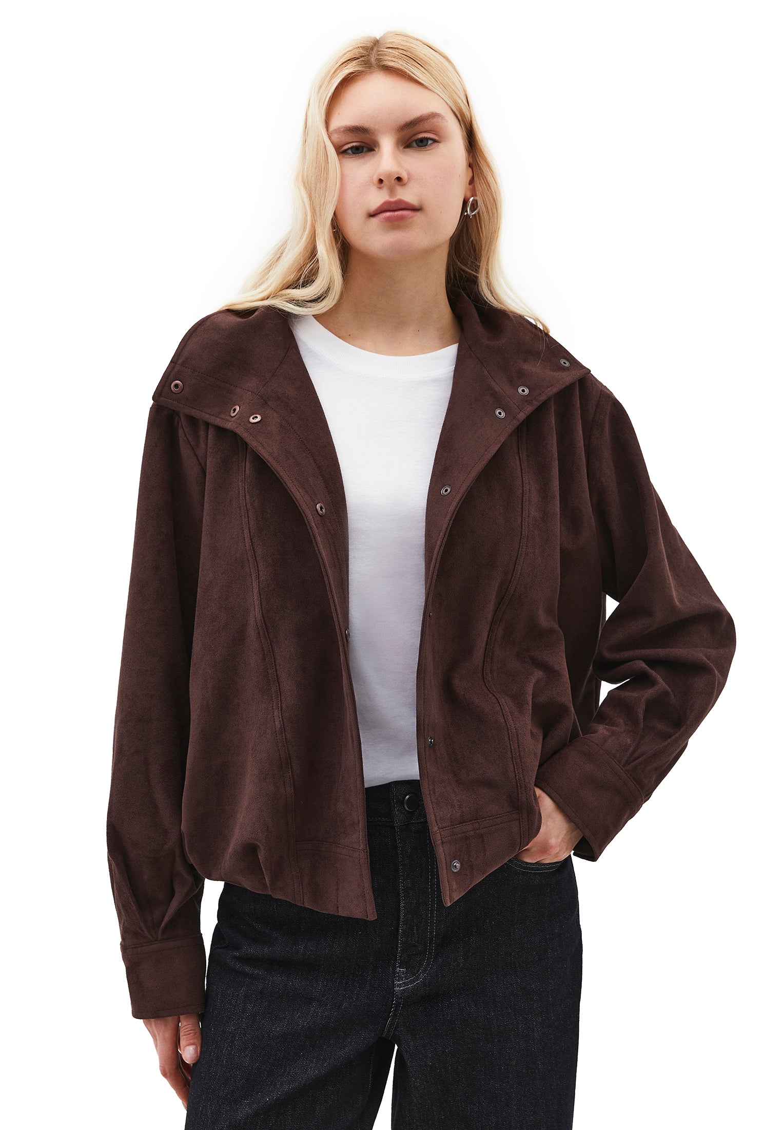 High Neck Pleated Oversize Jacket - CHICORY COFFEE