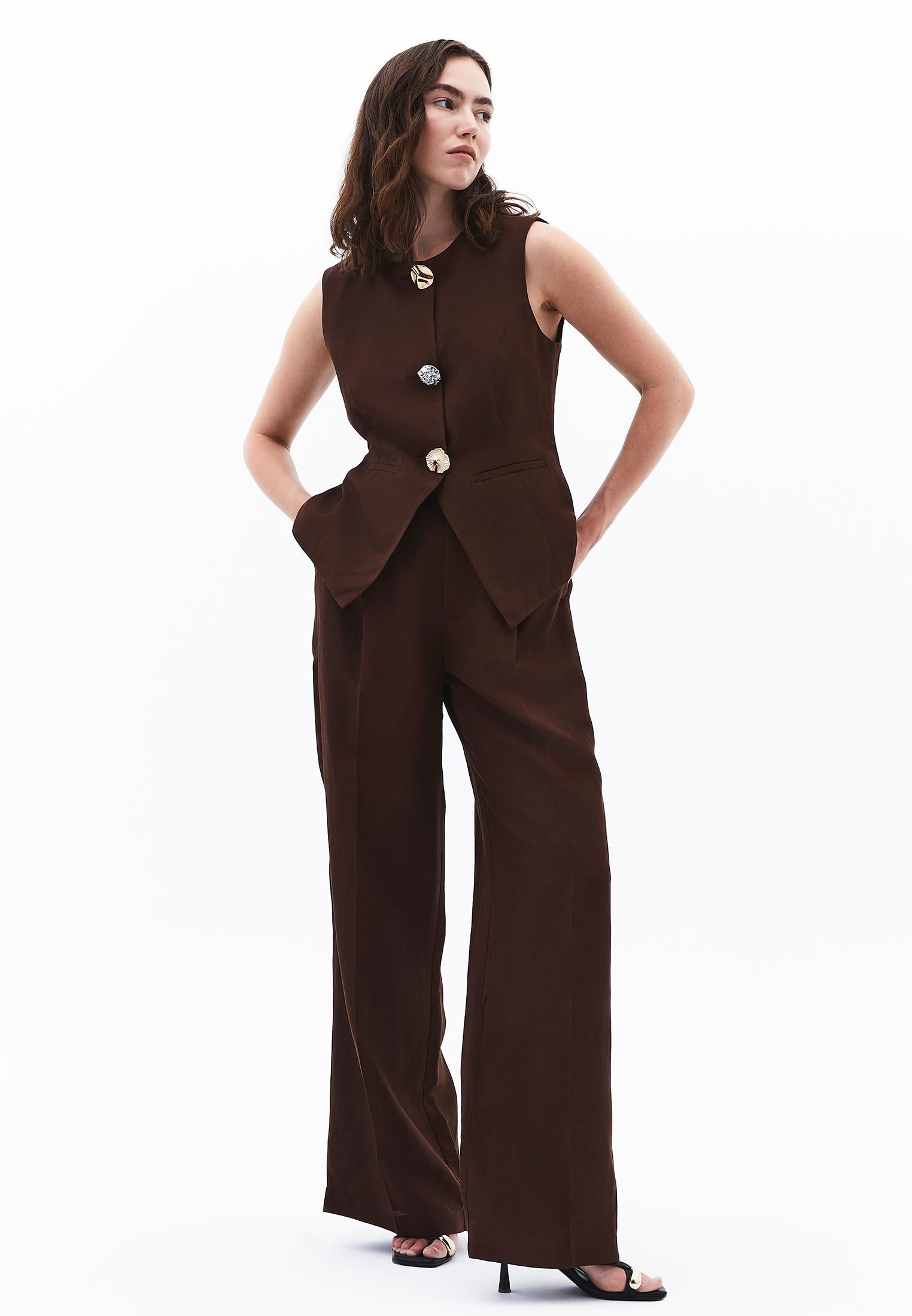 Autumn Buttoned Tencel Pants - CHICORY COFFEE
