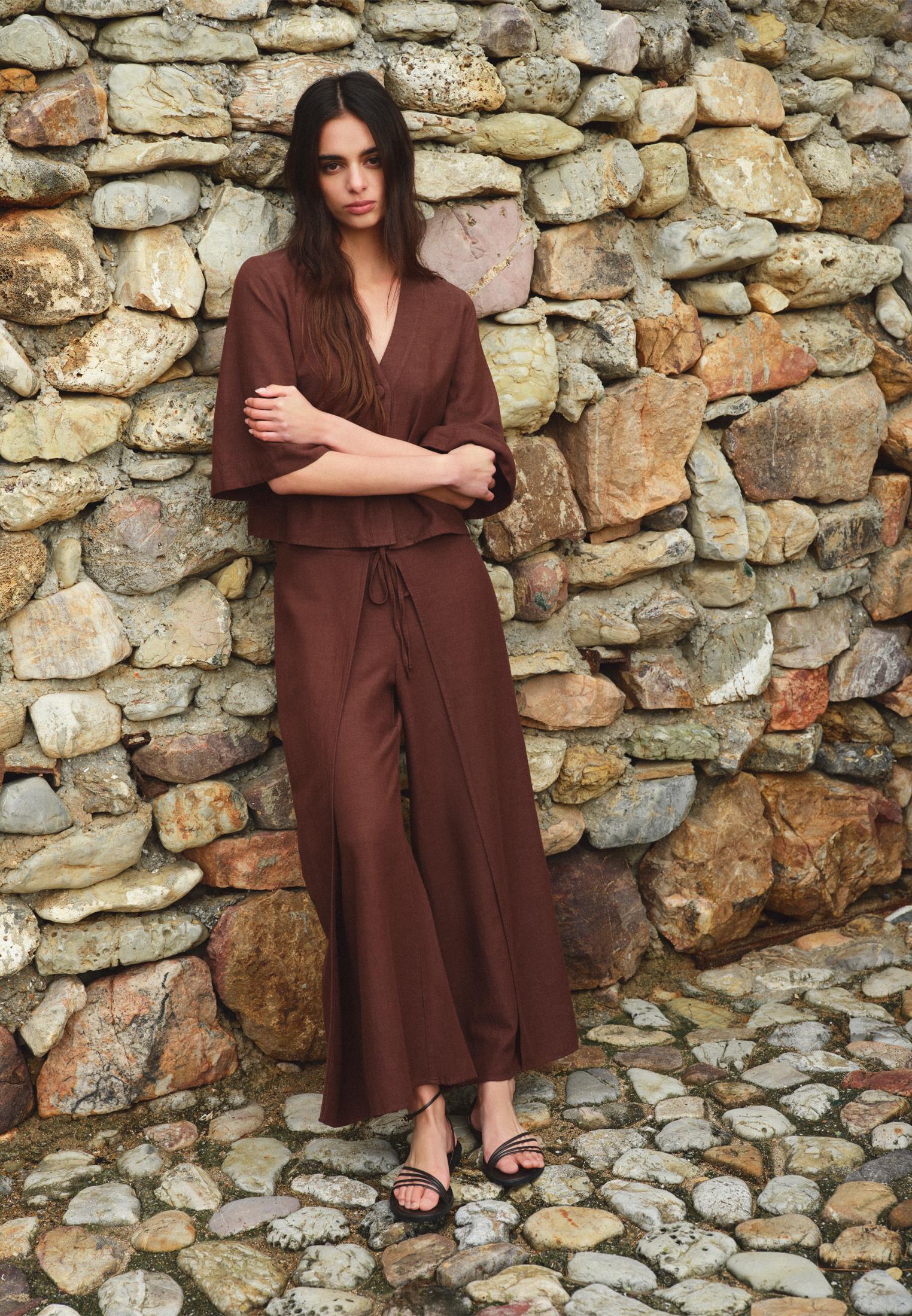Tie Waist Wide Leg High Waist Pants - CHICORY COFFEE
