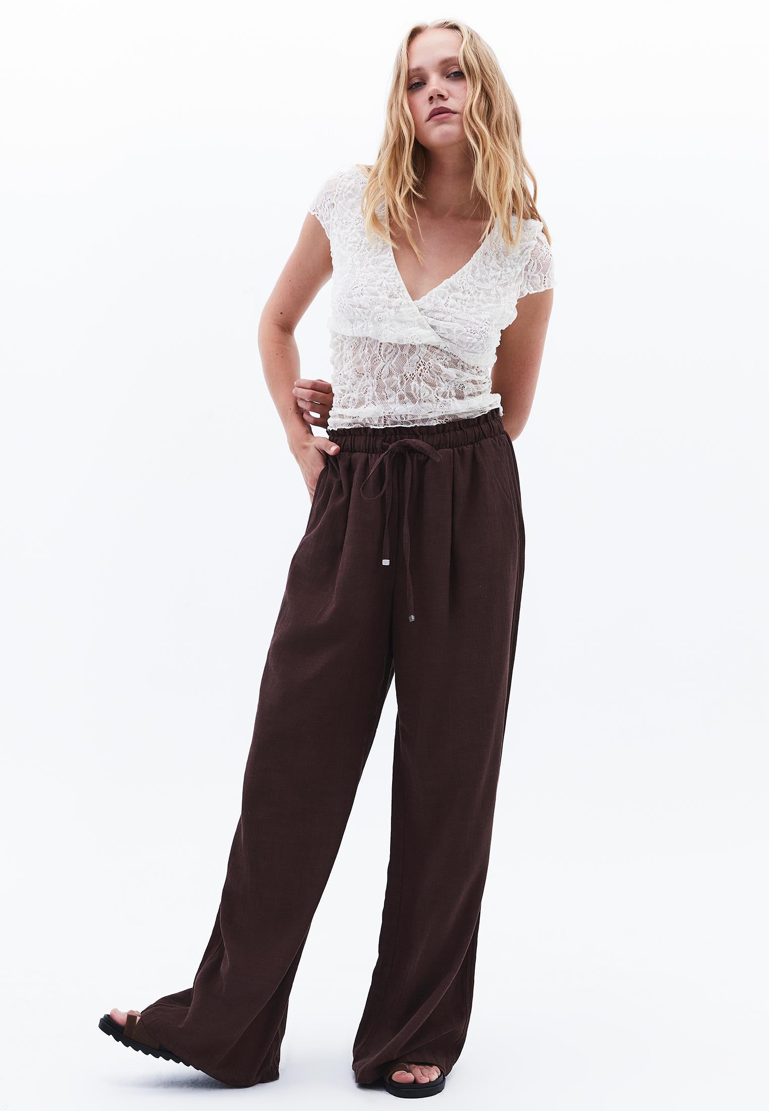 High Waist Wide Leg Linen Pants - CHICORY COFFEE