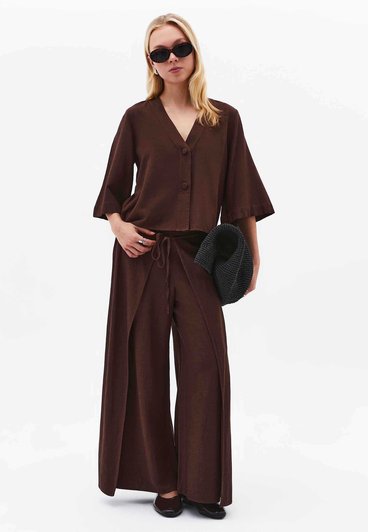 Elastic Wide Leg High Waist Pants - CHICORY COFFEE