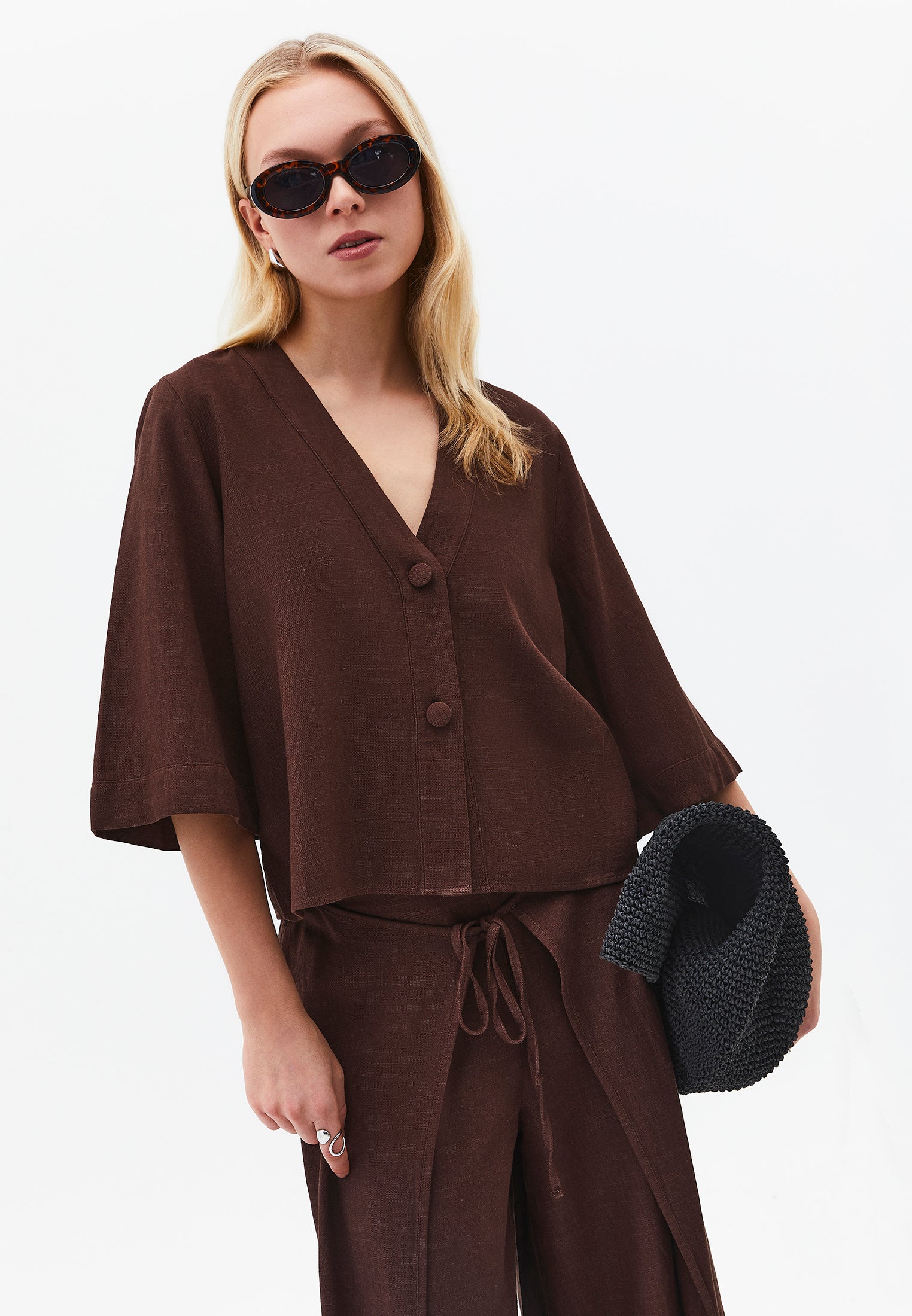 V Neck Button Detailed Blouse - CHICORY COFFEE