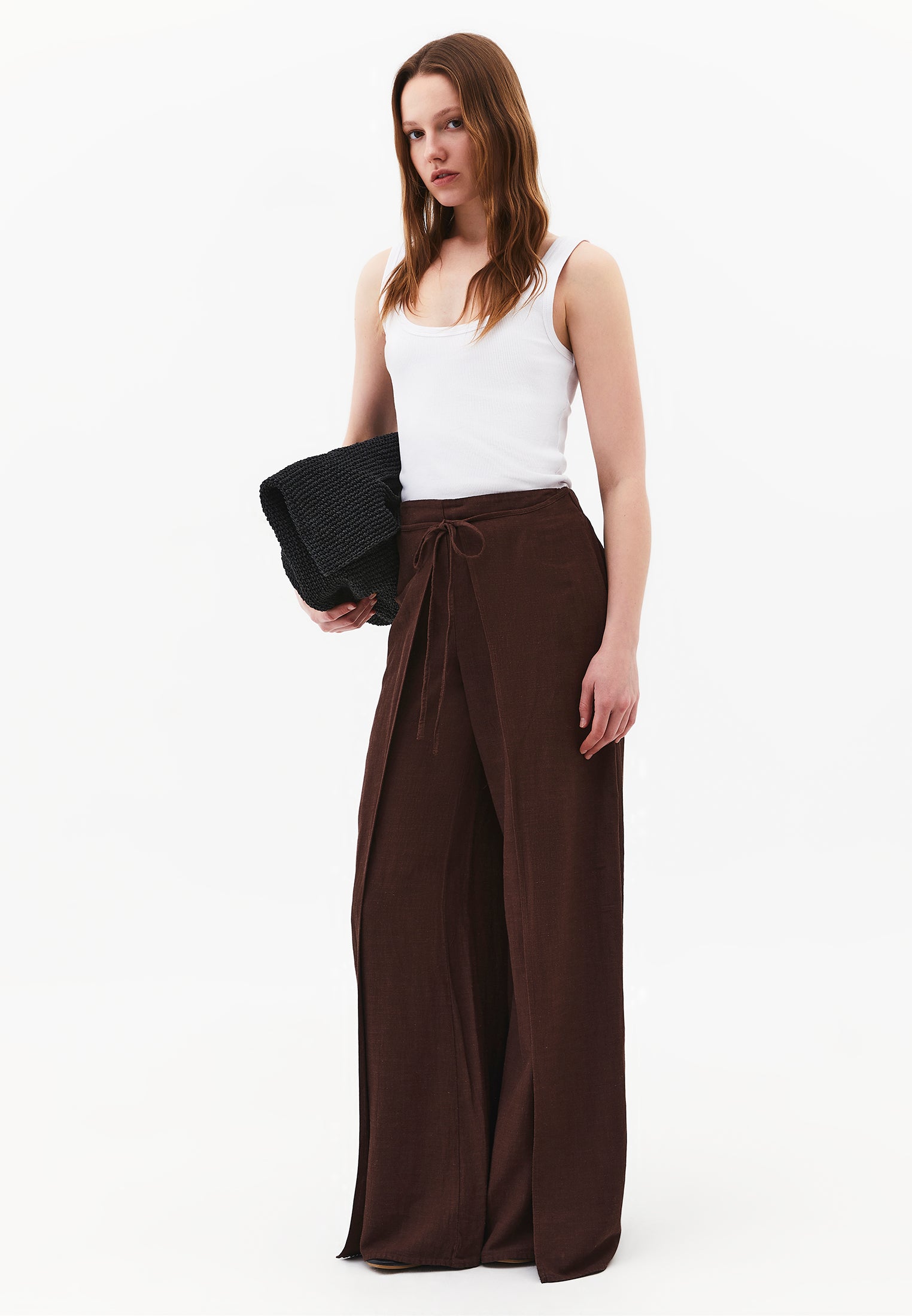 Tie Waist Wide Leg High Waist Pants - CHICORY COFFEE