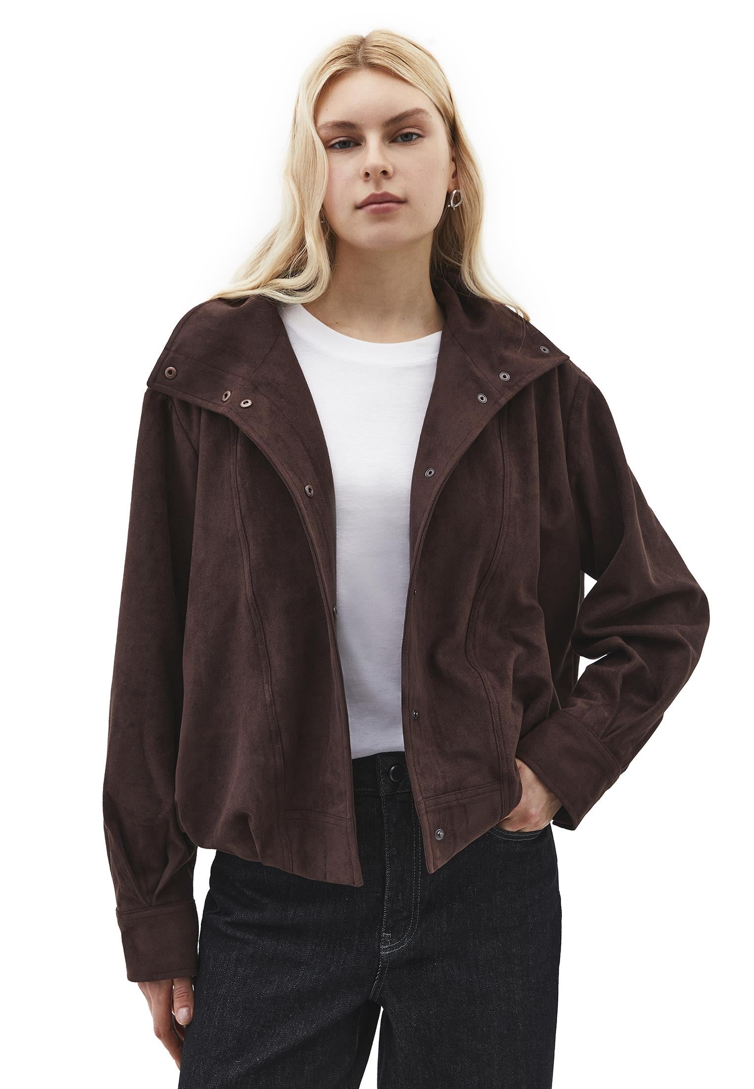 High Neck Pleated Oversize Jacket - CHICORY COFFEE