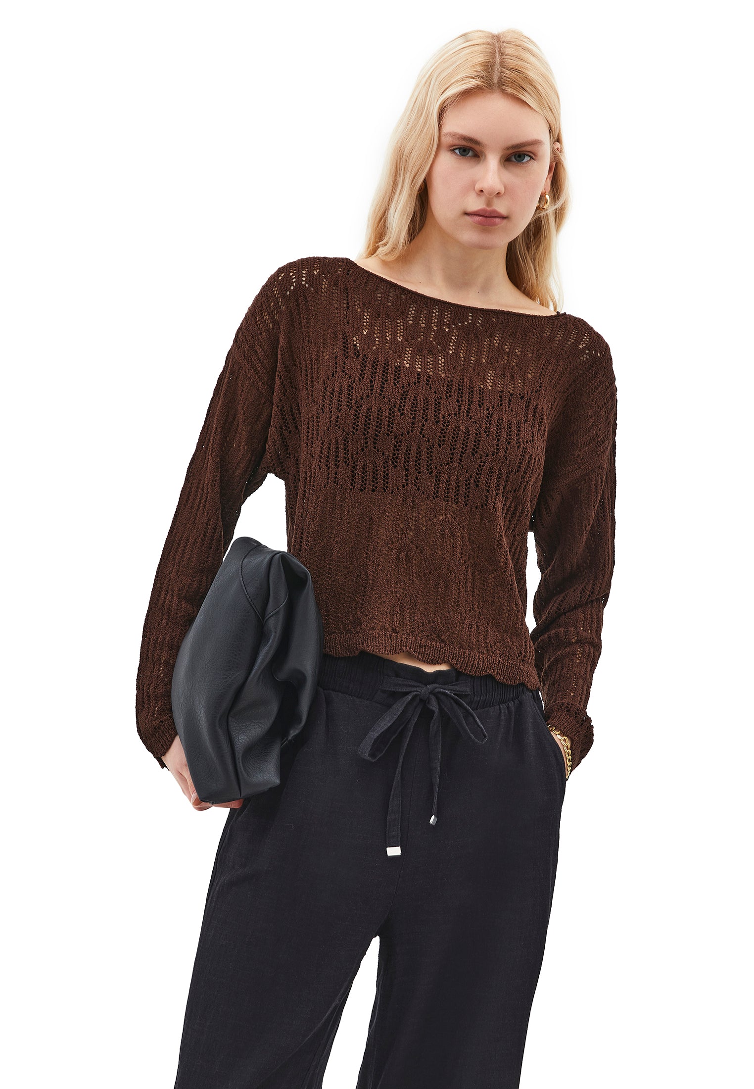 Openwork Boat Neck Sweater - CHICORY COFFEE