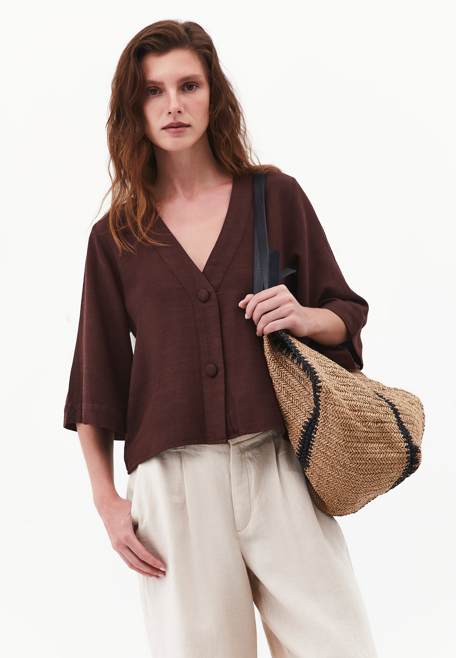 Button Detailed Half Sleeve V Neck Blouse - CHICORY COFFEE