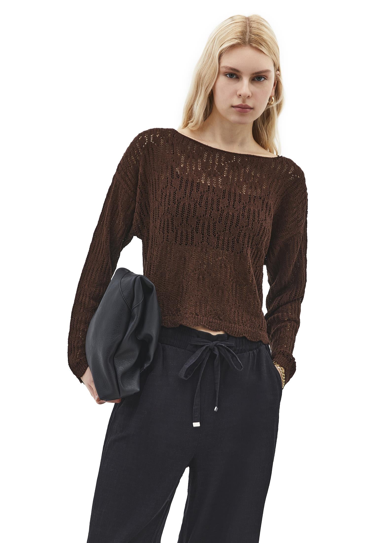 Openwork Boat Neck Sweater - CHICORY COFFEE