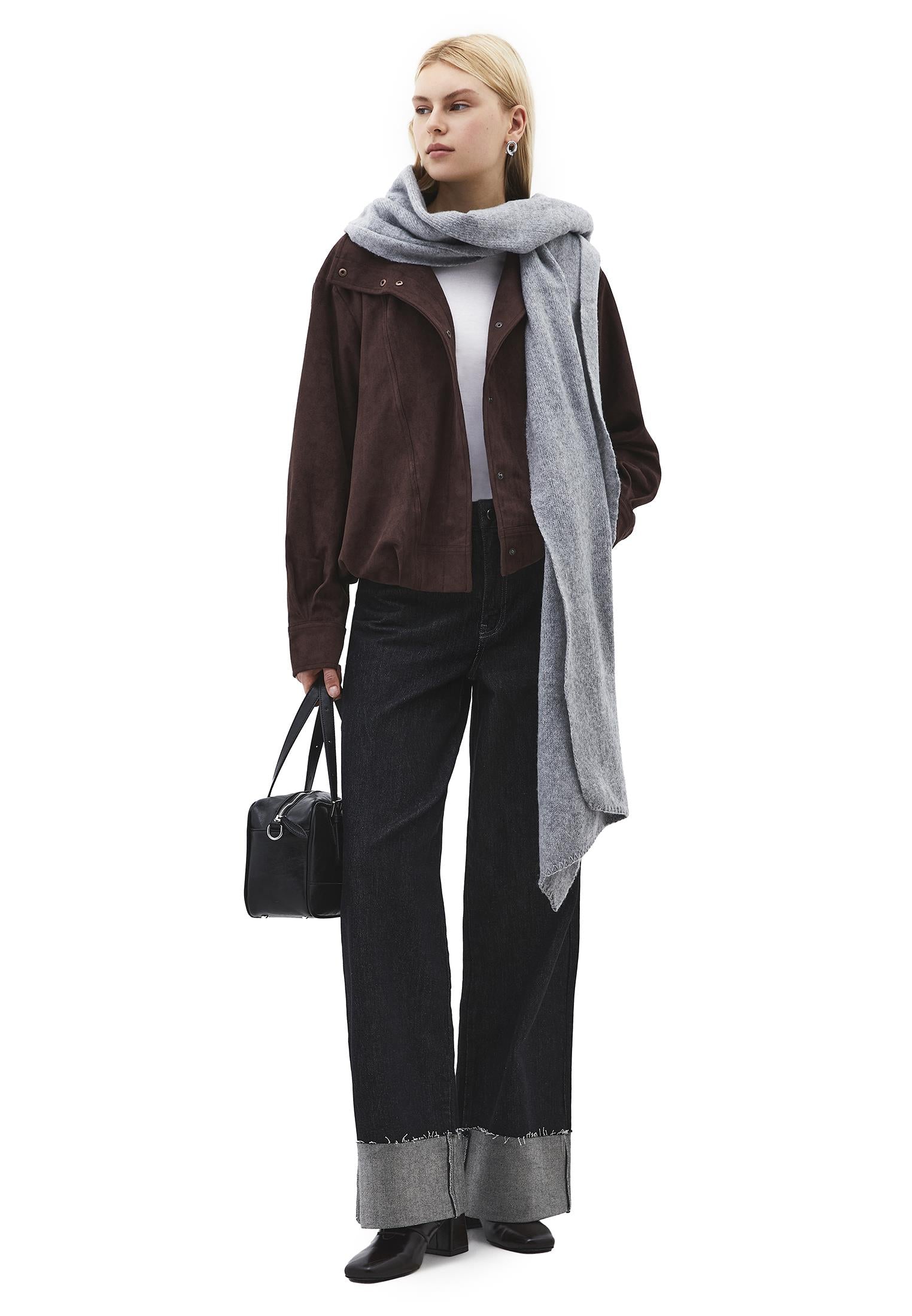 High Neck Pleated Oversize Jacket - CHICORY COFFEE