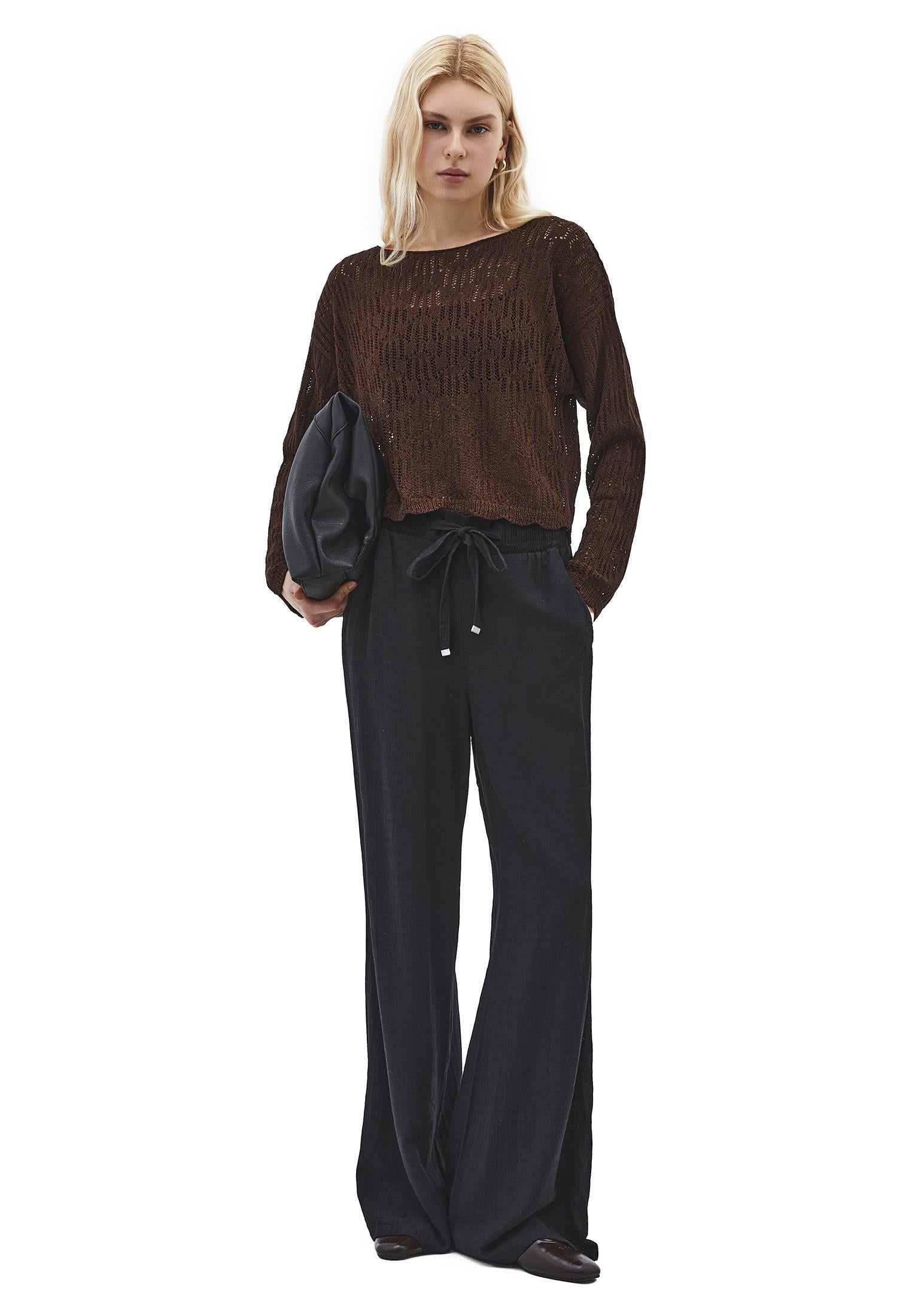 Openwork Boat Neck Sweater - CHICORY COFFEE