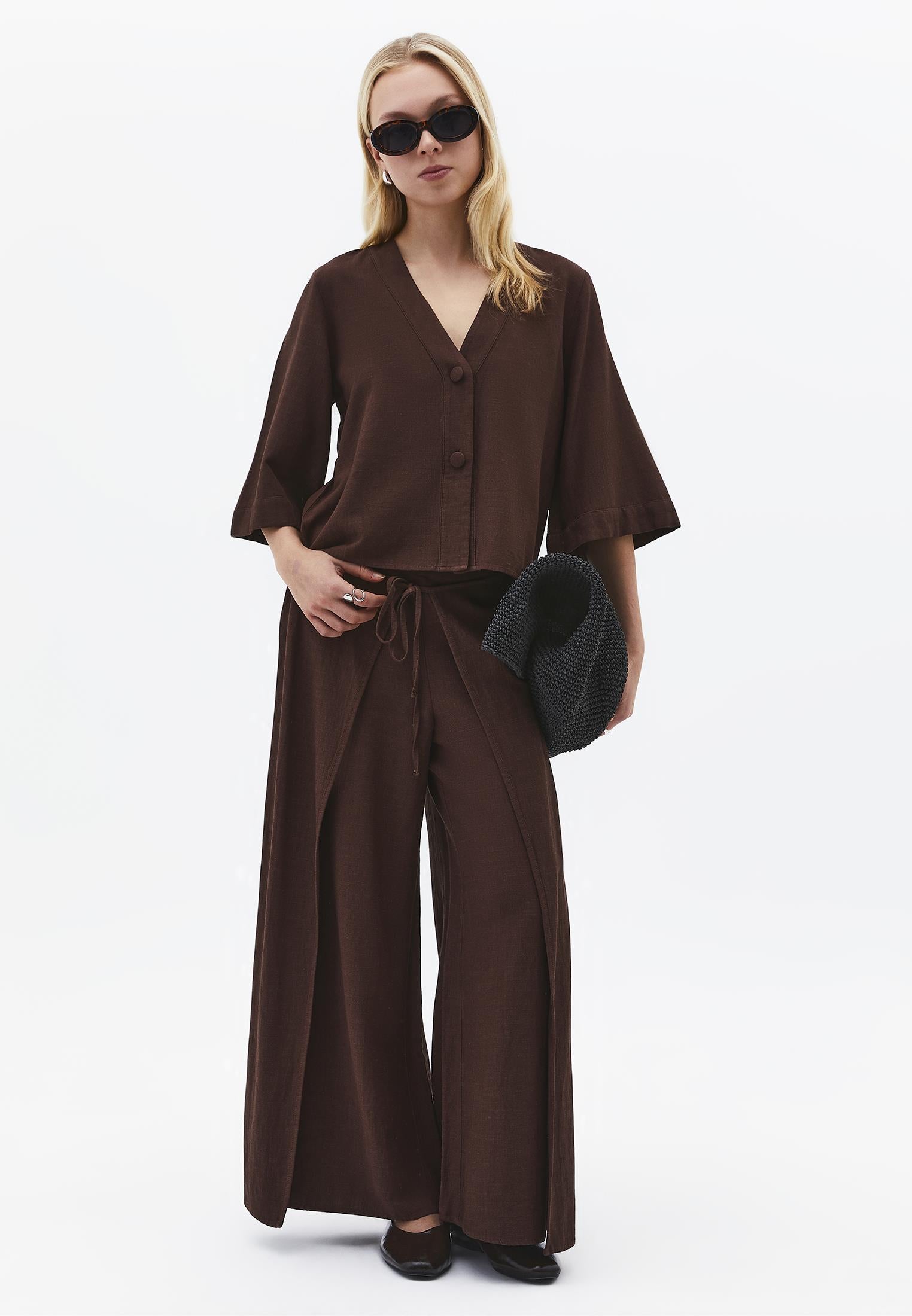Tie Waist Wide Leg High Waist Pants - CHICORY COFFEE