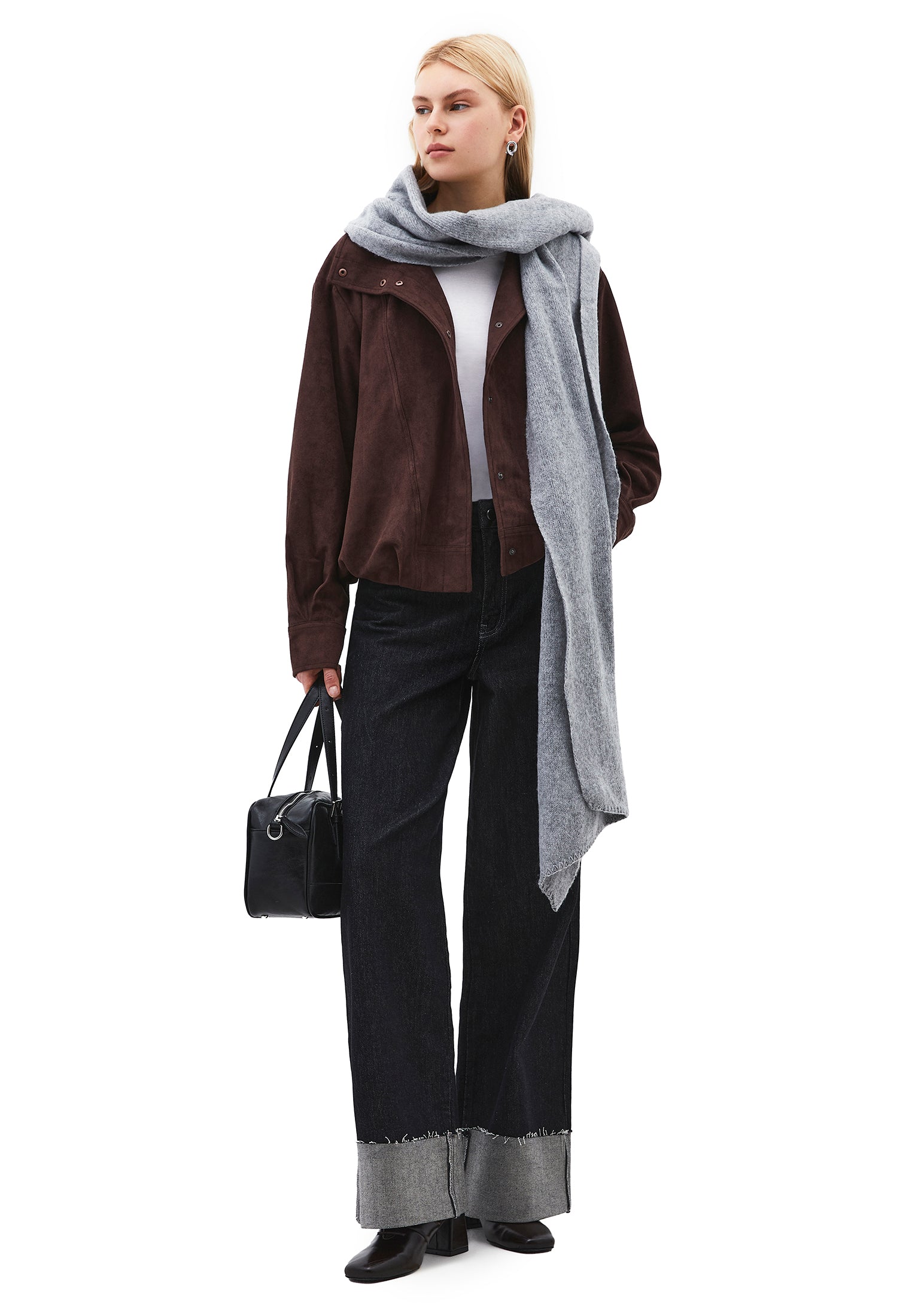 High Neck Pleated Oversize Jacket - CHICORY COFFEE