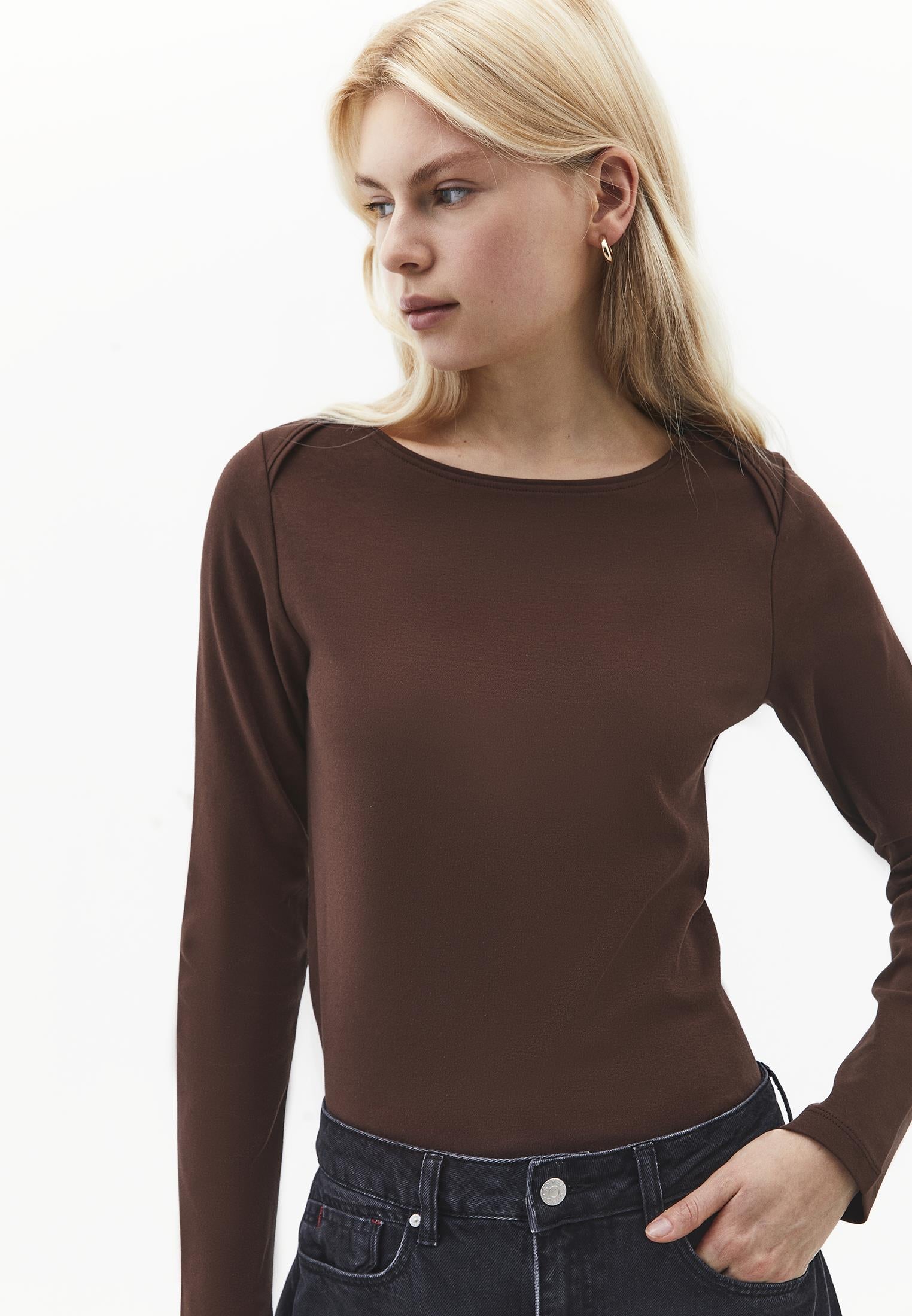Boat Neck Long Sleeve T-Shirt - CHICORY COFFEE