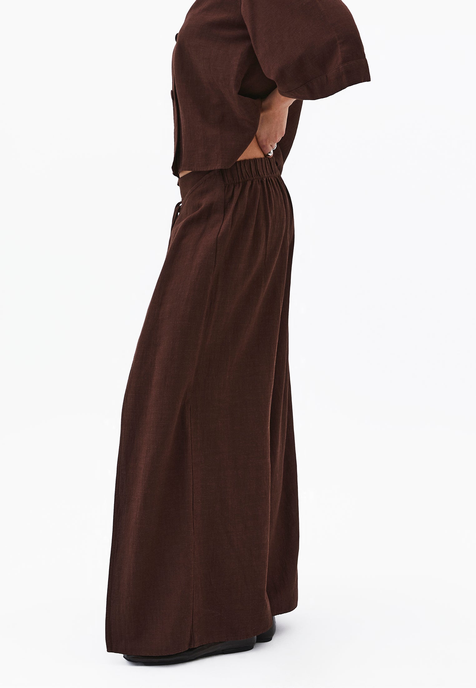 Elastic Wide Leg High Waist Pants - CHICORY COFFEE